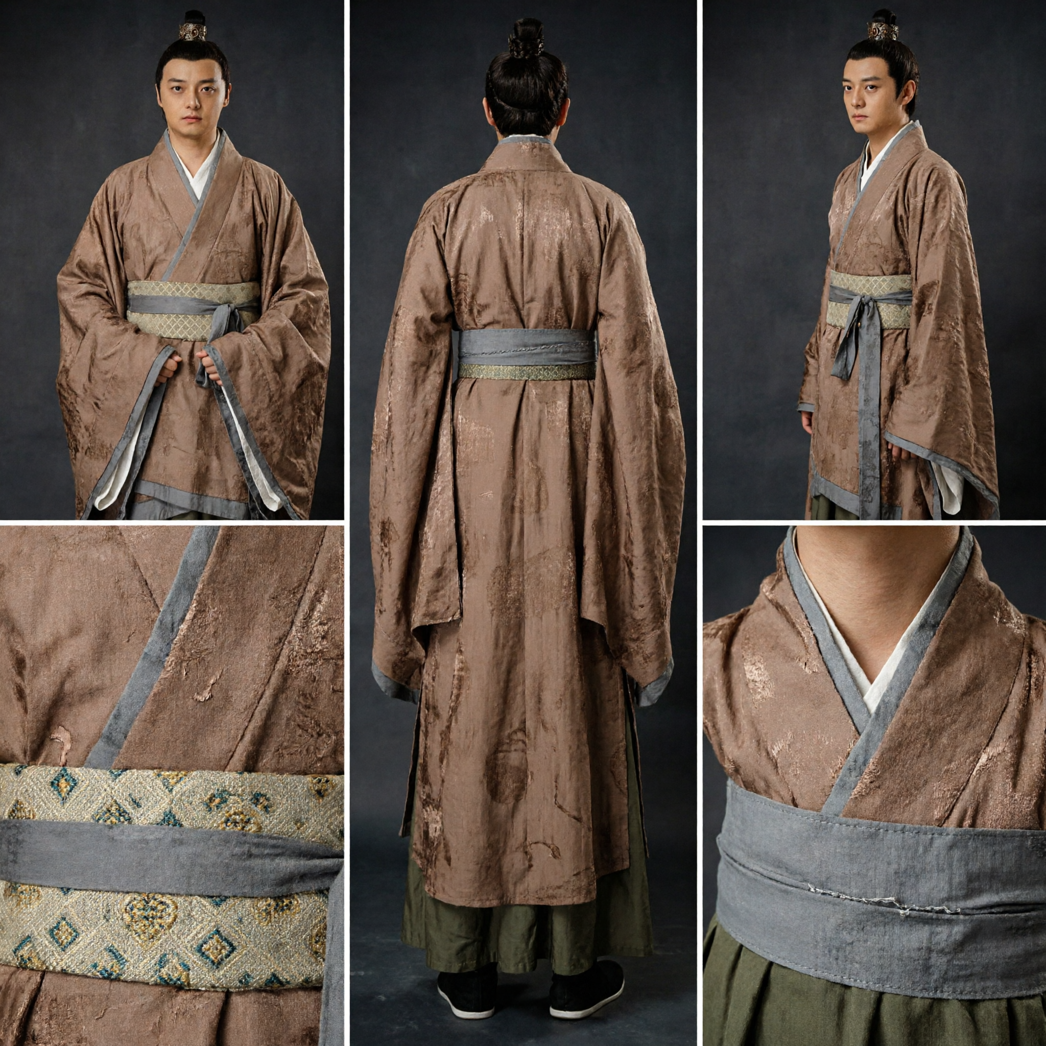 Männer-Traditionelles chinesisches Hanfu, antikes Gelehrtenkostüm, braune Kreuzkragen-Robe für Cosplay-Fotografie und Kulturveranstaltungen - Asian Costume