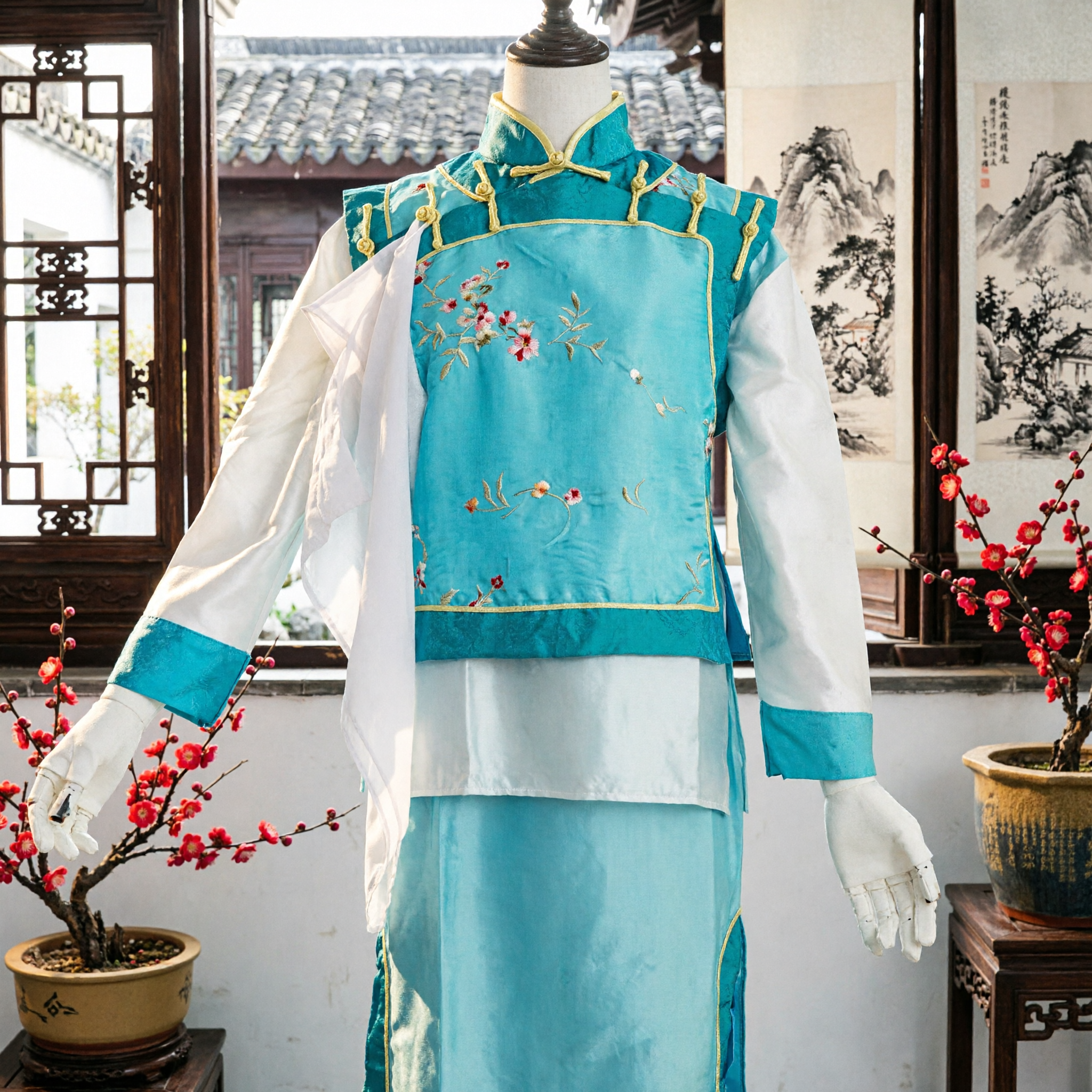 زي العالم الصيني القديم التقليدي، مجموعة سترة ورداء زرقاء بتطريز للرجال لكوسبلاي والعروض - Asian Costume