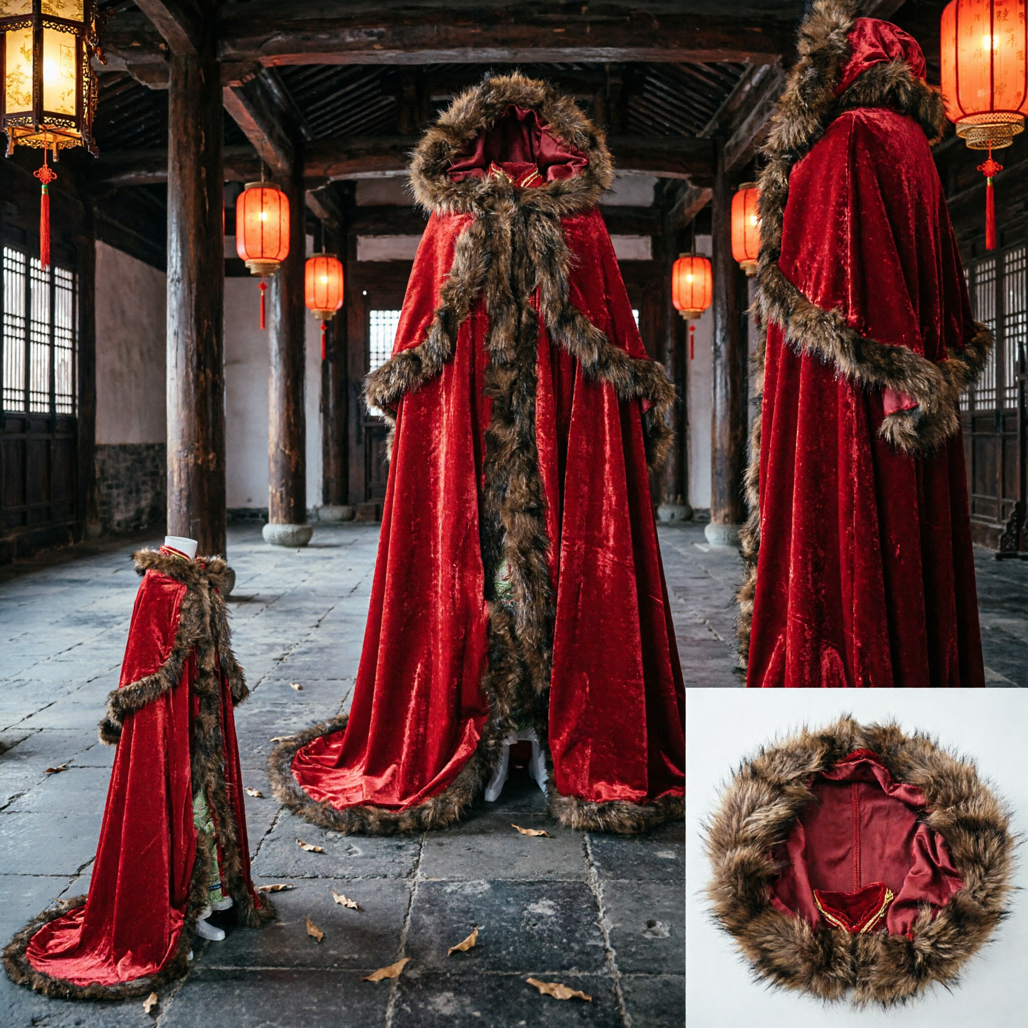 Lussuoso Mantello Reale in Velluto Rosso con Bordo in Pelliccia Sintetica Marrone per Cosplay da Re Medievale e Halloween - Asian Costume