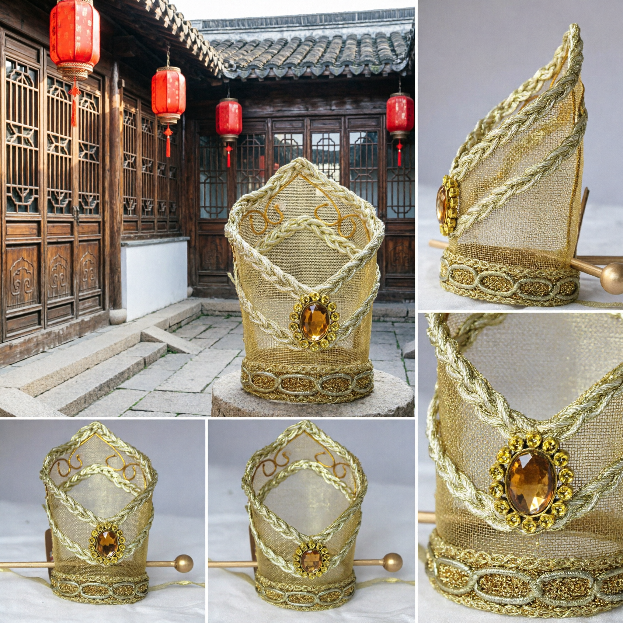 قبعة تاج الإمبراطور الصيني القديم التقليدية الذهبية مع دبوس شعر للرجال، إكسسوارات لزي هانفو لكوسبلاي - Asian Costume