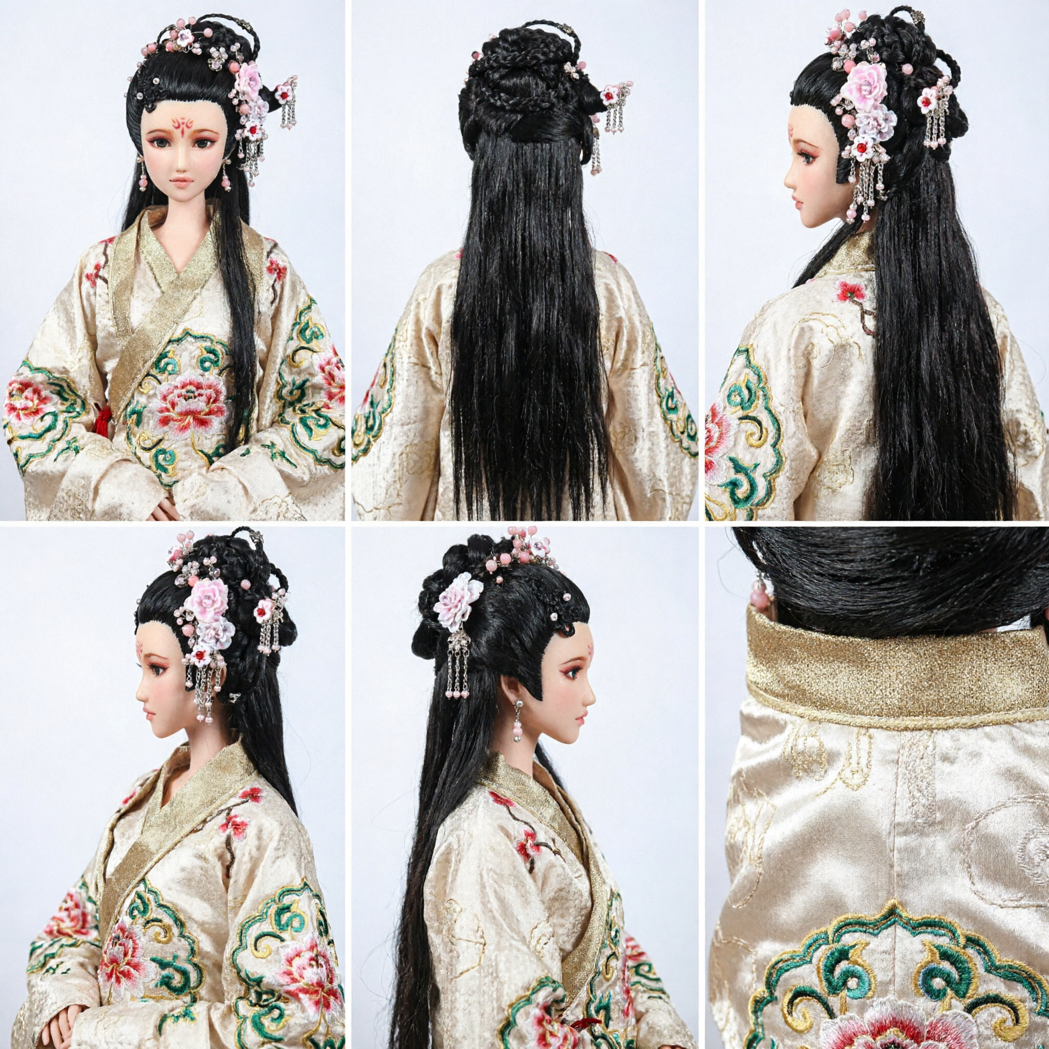 Peruca de Boneca Estilo Antigo Chinês Tradicional com Joias Florais para Cabelo para BJD e Barbie - Asian Costume