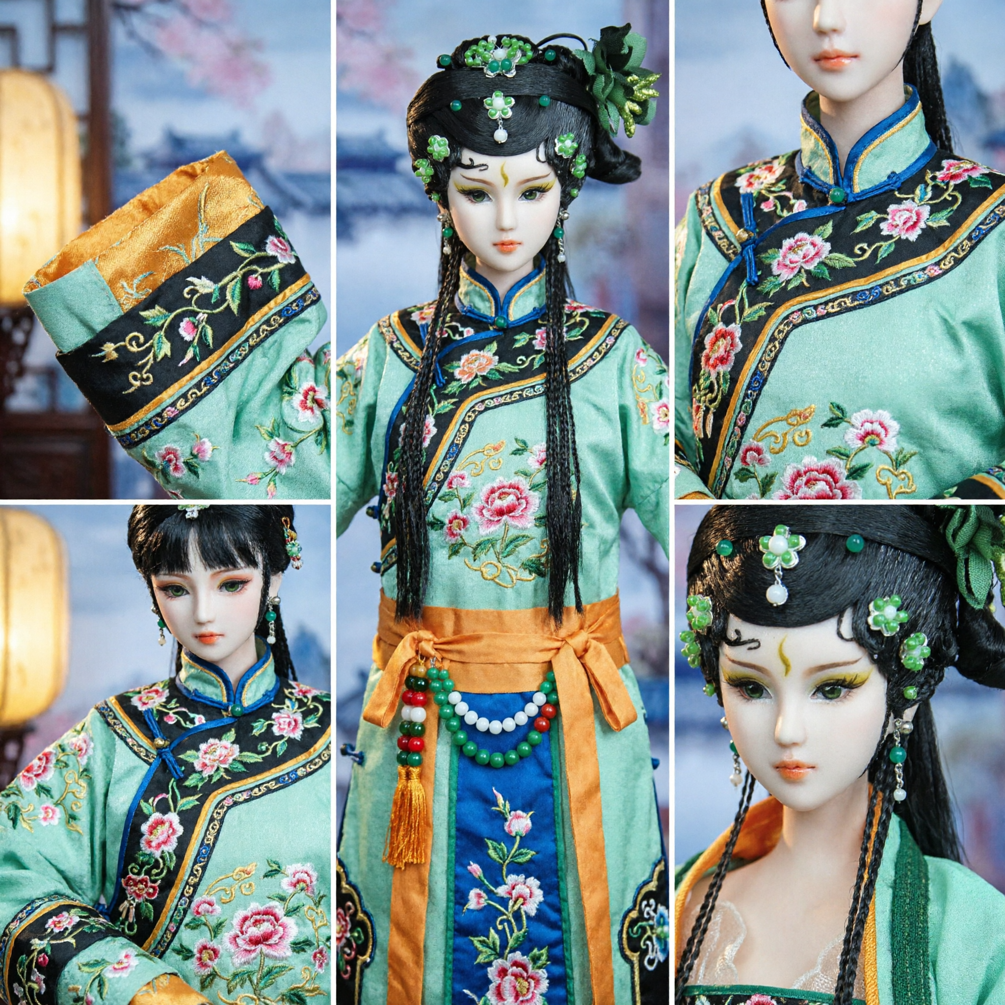 Uitvoerige Oude Chinese Traditionele Groene Jade Haar Pruik Set voor Hanfu Poppen en Cosplay Liefhebbers - Asian Costume