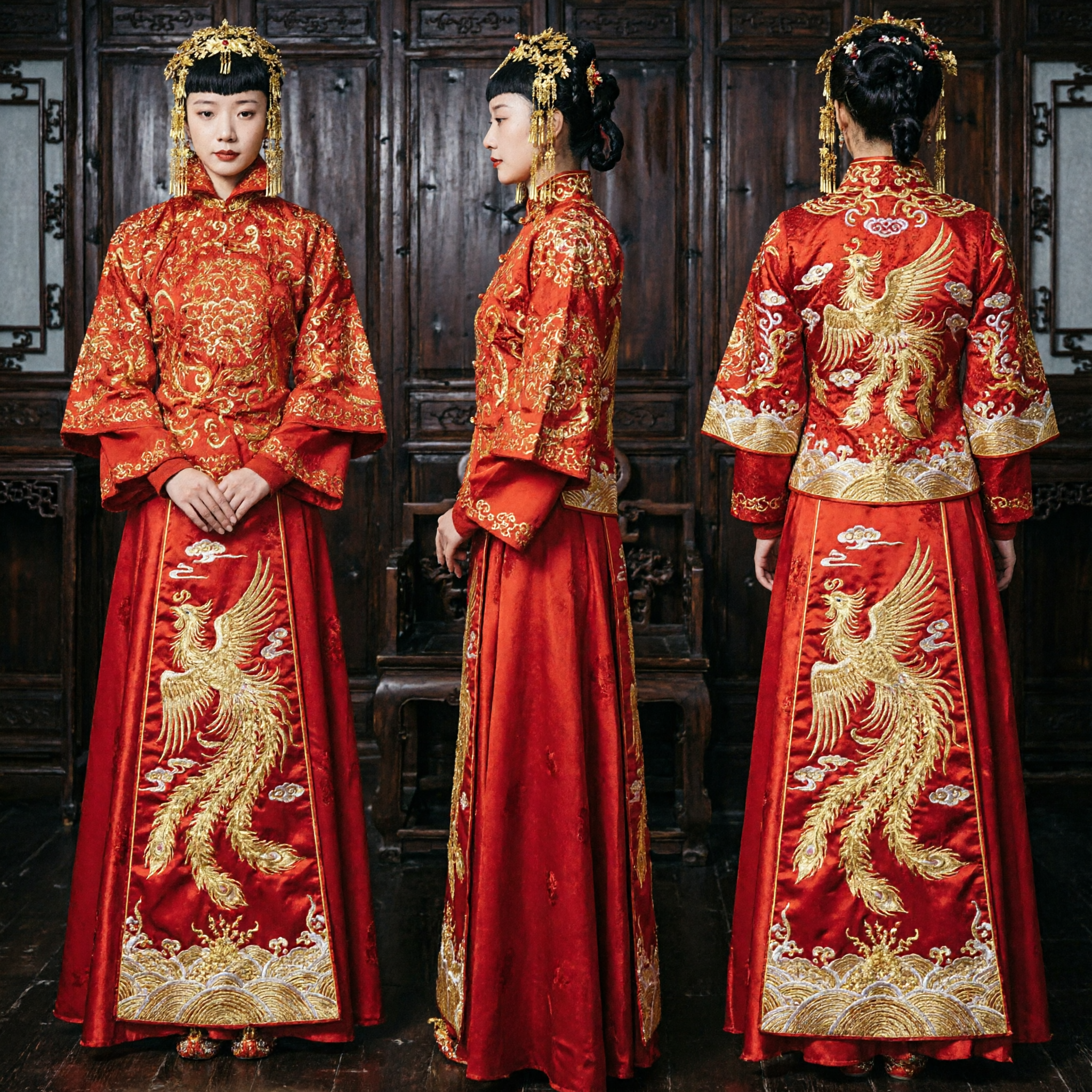 Traje de Boda de Emperatriz de la Dinastía Qing China Tradicional Túnica Roja Bordada con Dragón y Fénix con Tocado para Mujer - Asian Costume