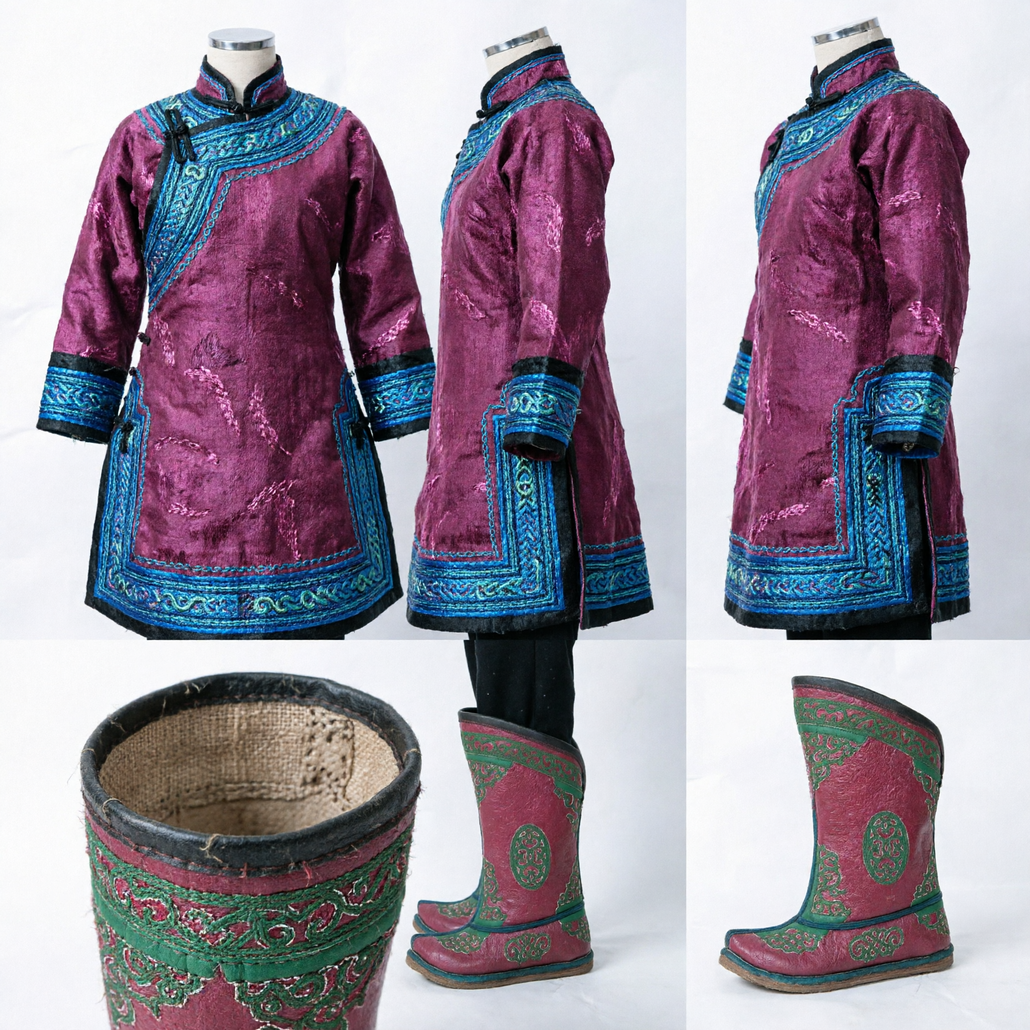 Traditional Mongolian Leather Boots with Green Embroidery for Ethnic Folk Dance Costume and Cultural Performance - Asian Costume