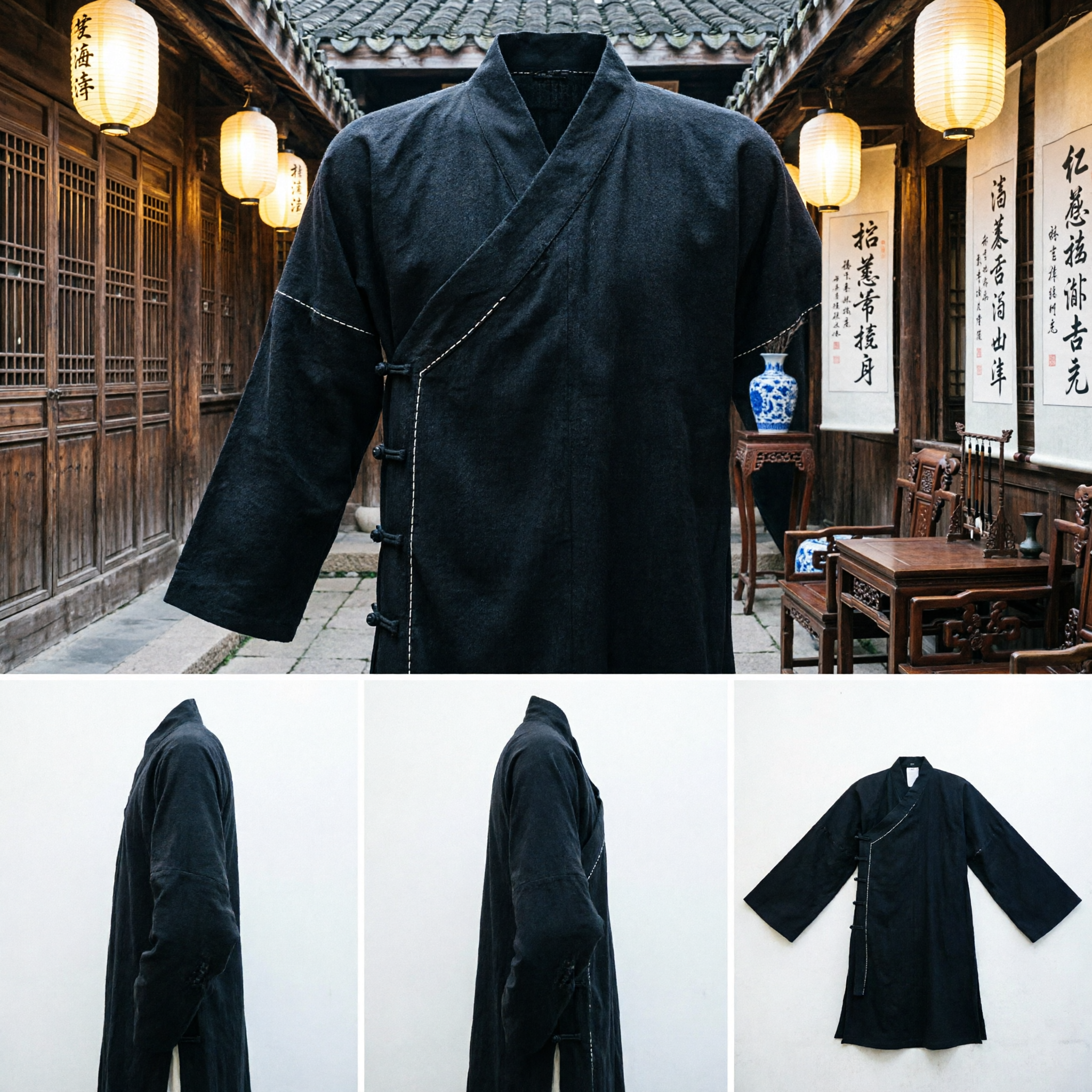 Traditioneel Chinese Kung Fu Uniform Zwart Katoen Changshan Tai Chi Martial Arts Pak voor Mannen - Asian Costume