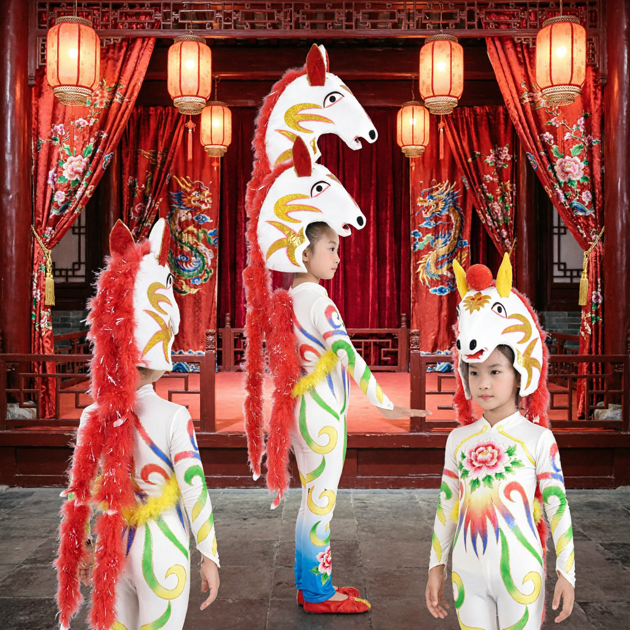 Kinderen Traditioneel Chinese Paardendans Kostuum Wit Bodysuit met Rode Manen Hoofdtooi voor Podiumoptreden - Asian Costume