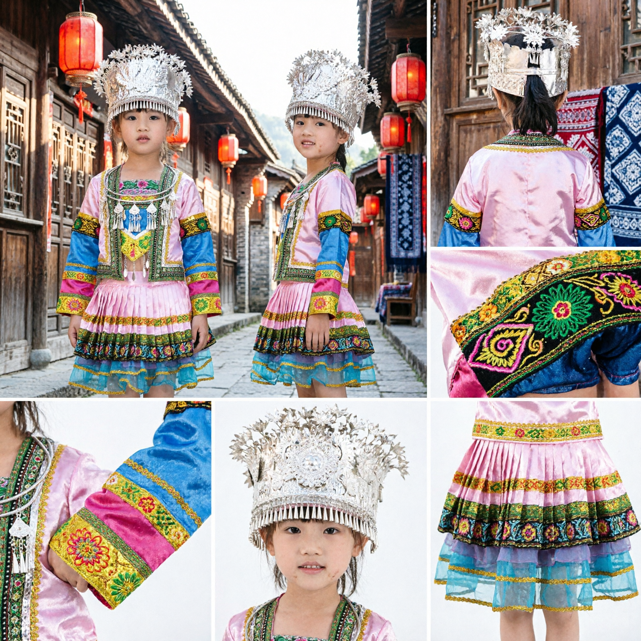 Costume de danse de l'ethnie Miao chinoise traditionnelle pour enfants/filles - Robe de performance folklorique avec chapeau argenté - Asian Costume
