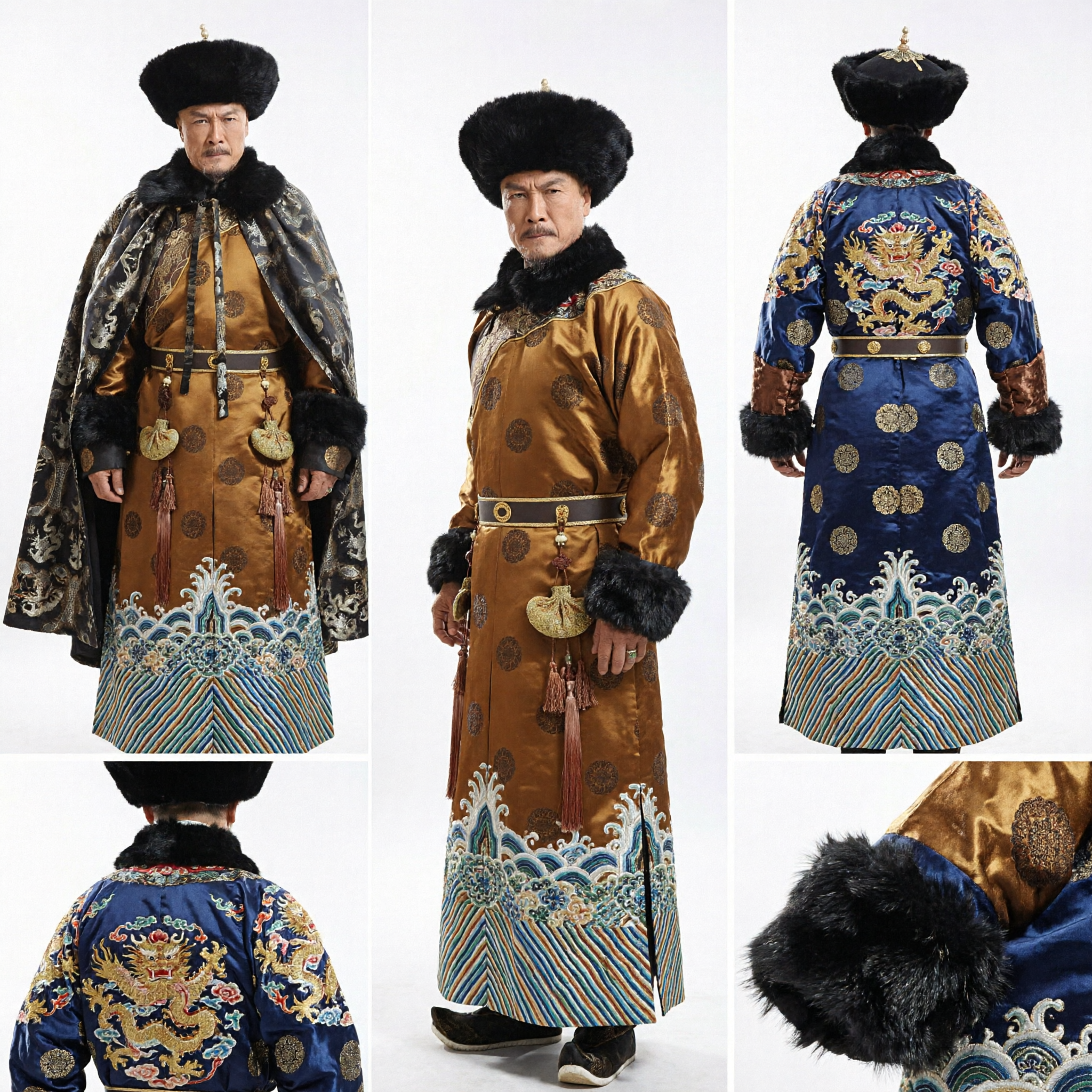 Men's Qing Dynasty Emperor Costume Traditional Chinese Manchu Dragon Robe with Fur Cape and Hat - Asian Costume