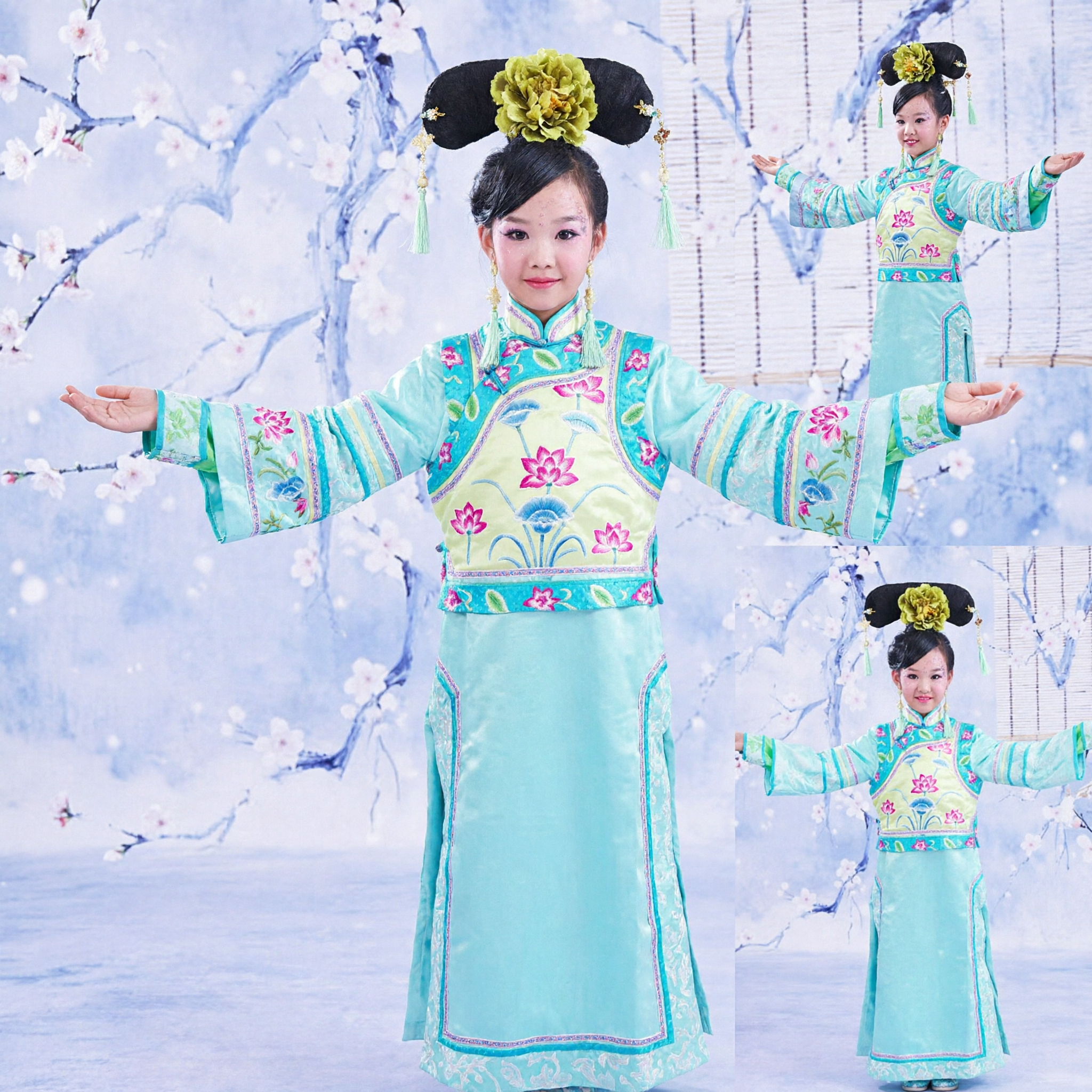 Traje Tradicional de Princesa de la Dinastía Qing Chino Azul Vestido Manchú Bordado para Mujer para Cosplay y Performance - Asian Costume