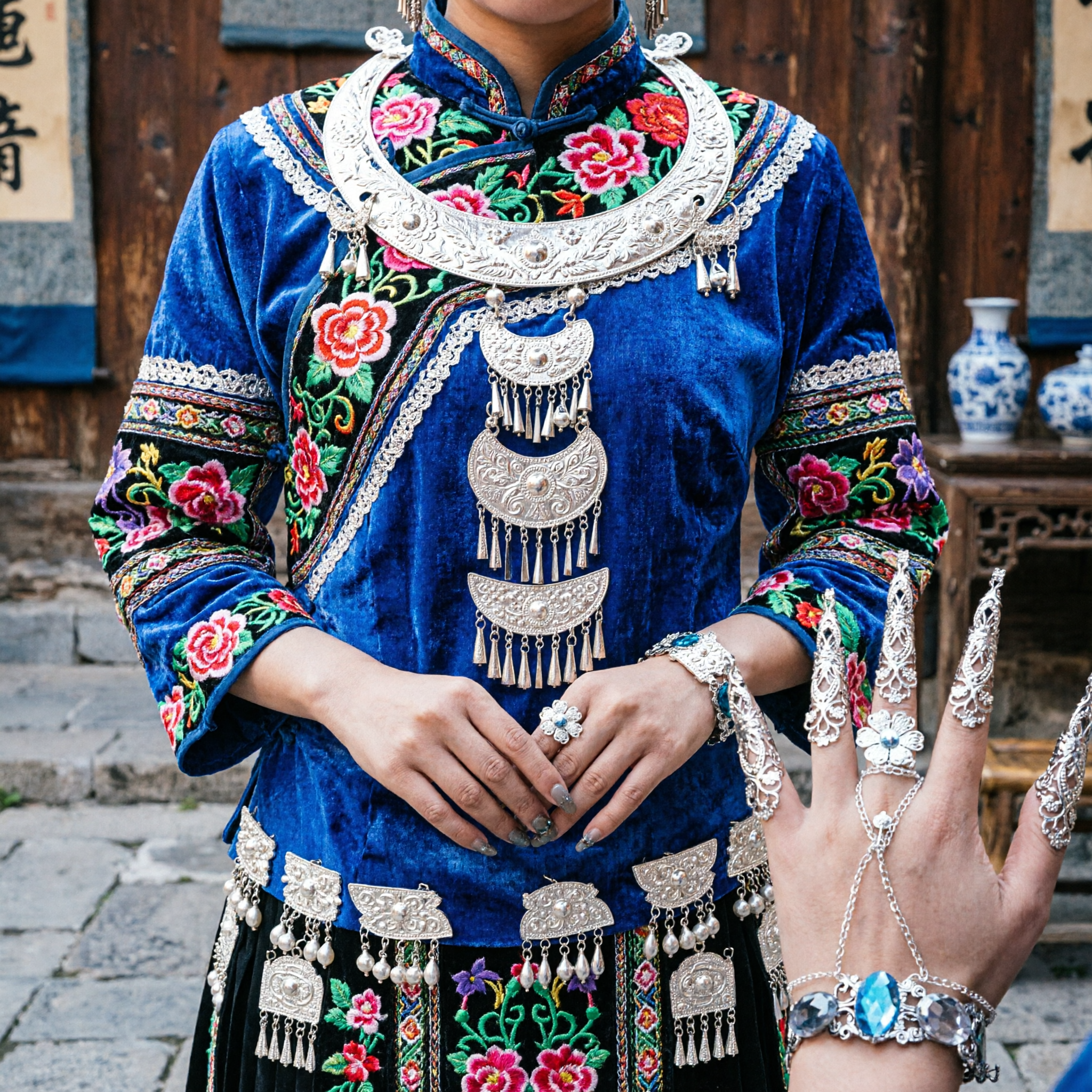 Ensemble de bijoux protège-ongles Hanfu de la Chine ancienne - Armure de doigt en filigrane argenté avec bracelet cristal pour femmes pour cosplay - Asian Costume