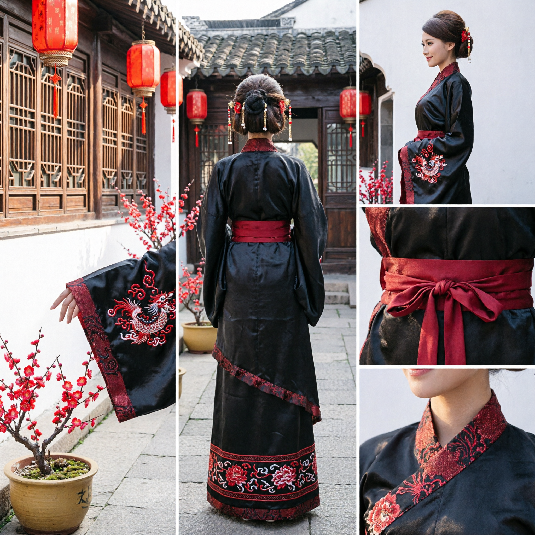Vrouwen Chinese Traditionele Hanfu Zwart en Rood Oud Kostuum Wijdmouw Historische Jurk voor Optreden - Asian Costume