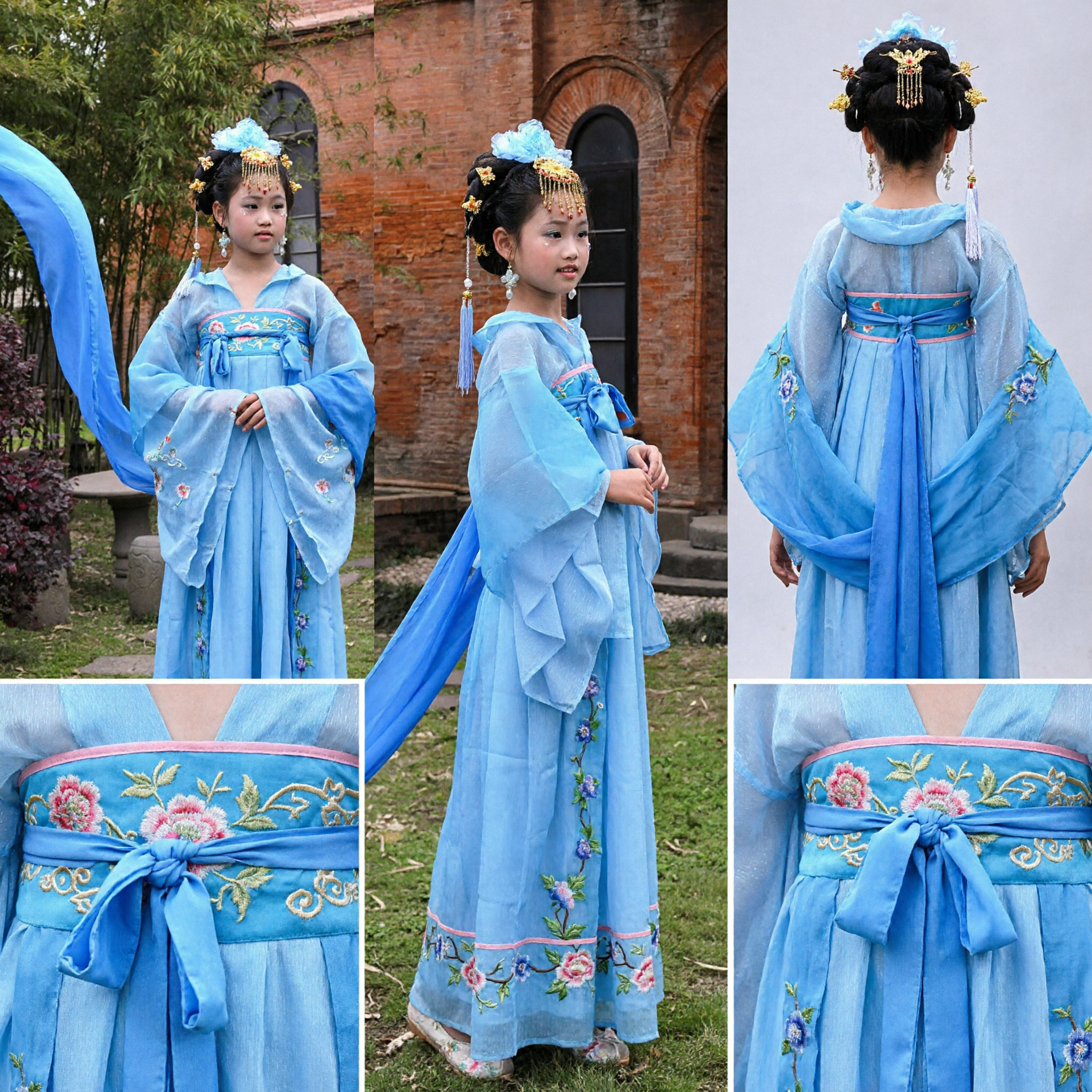 Traditional Chinese Blue Hanfu Costume for Girls with Long Flowing Ribbons for Dance Performance - Asian Costume