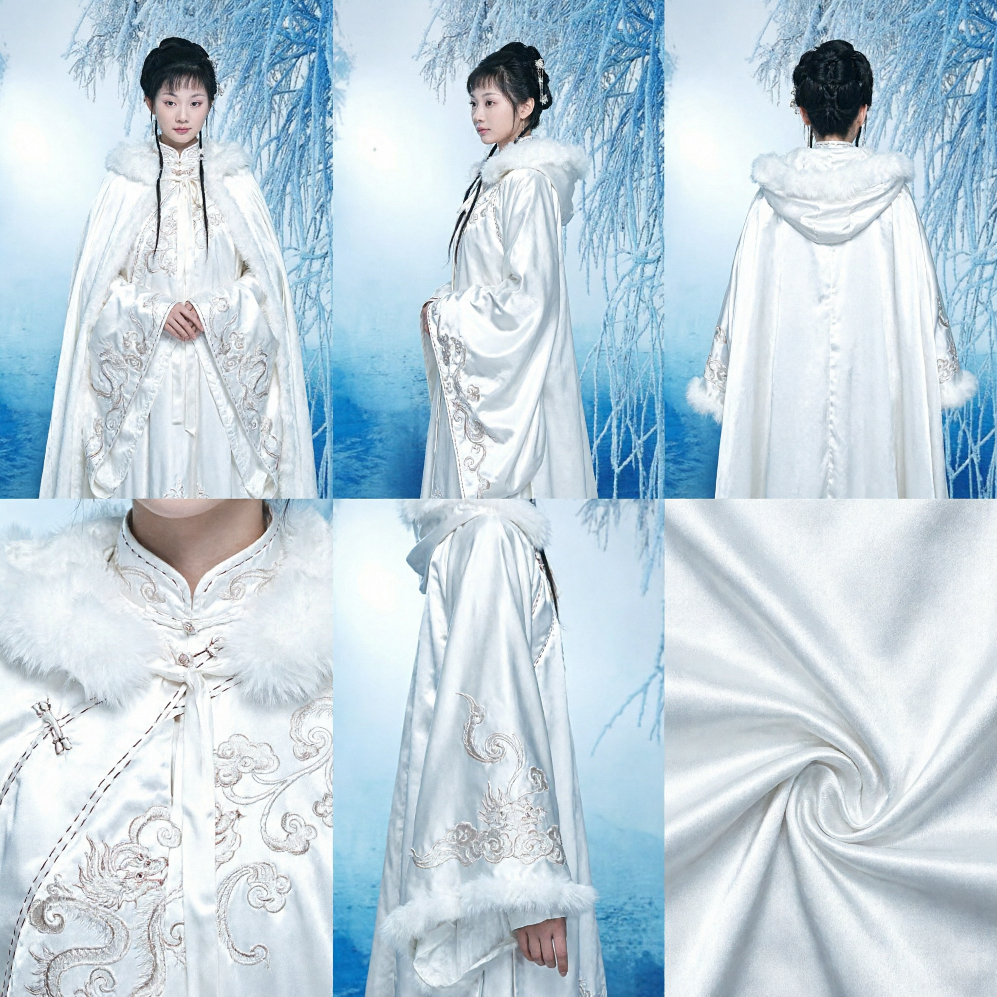 Traje Hanfu Chinês Antigo com Gola de Pele Branca para Mulheres Vestido para Fotografia de Inverno e Cosplay - Asian Costume