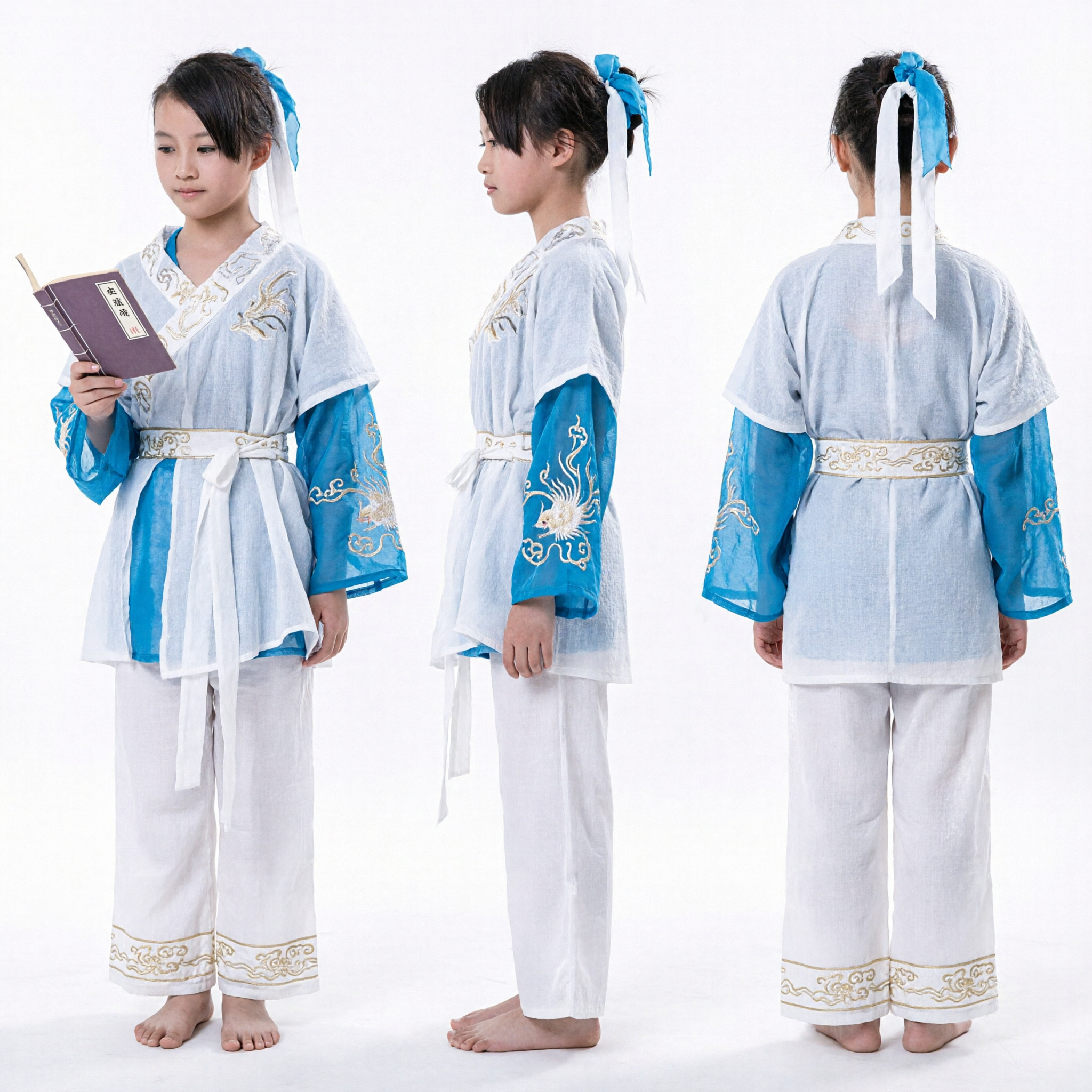 Traje de Estudioso Hanfu Chinês Antigo para Crianças Robe Tradicional Branco e Azul para Performance no Palco e Cosplay - Asian Costume