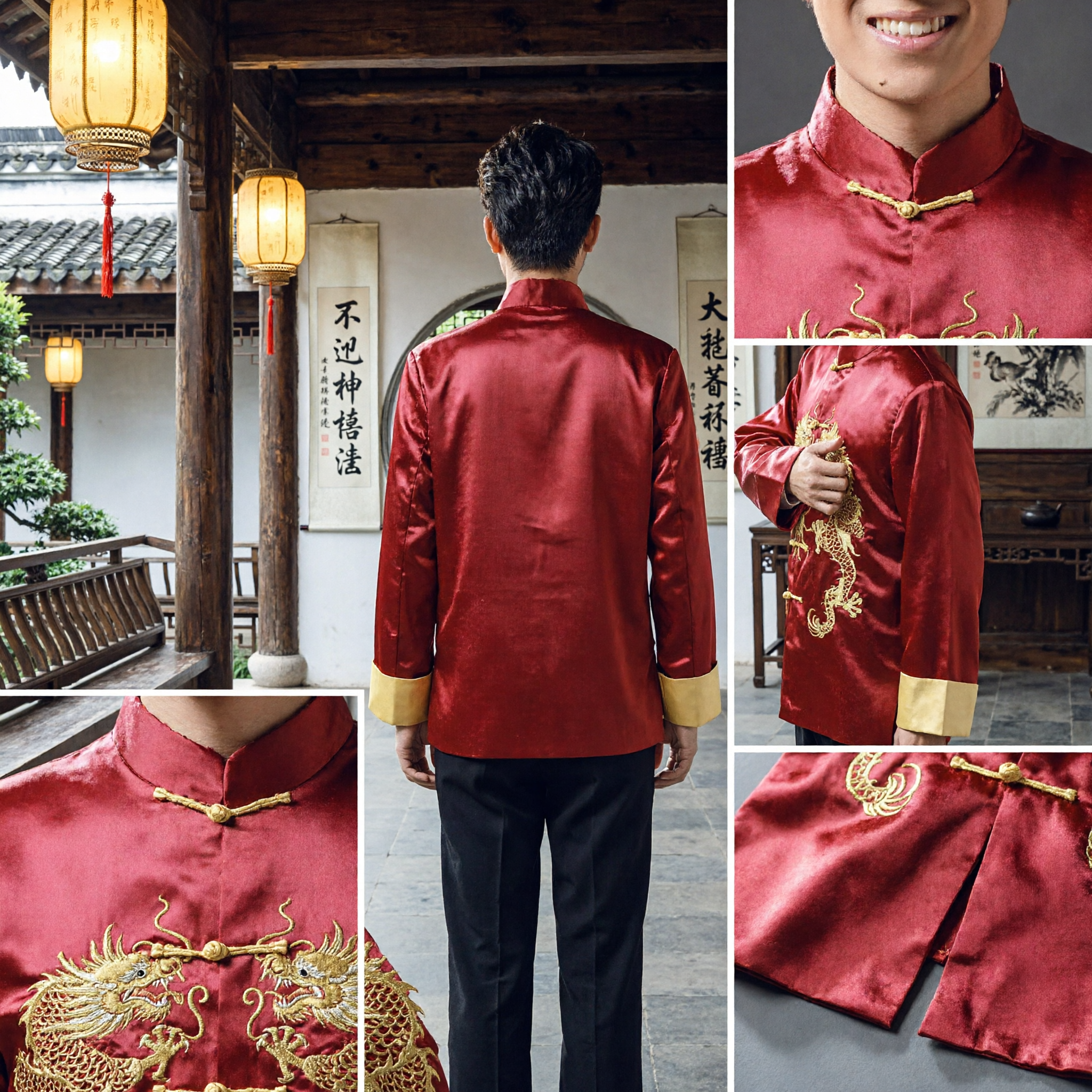 Giacca da Uomo in Seta Rossa Tang Suit Cinese Tradizionale con Ricamo del Drago Abito da Sposo per Matrimonio Top con Collo alla Coreana - Asian Costume