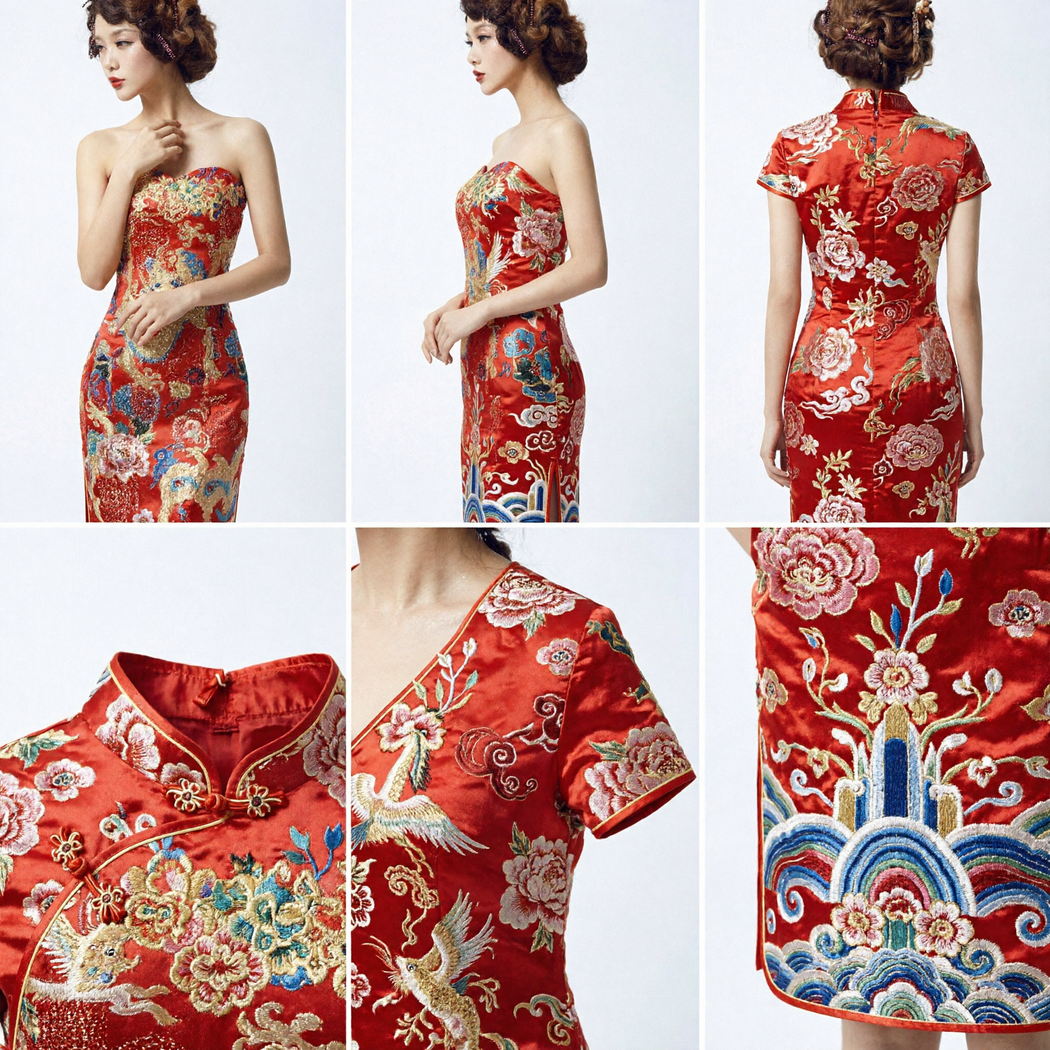 Elegant Rood Chinees Trouwjurk Draken Feniks Borduurwerk Schouderloze Zeemeermin Japon voor Bruid - Asian Costume