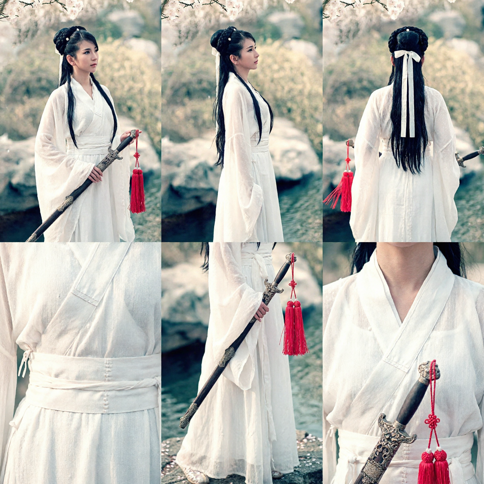 Costume Hanfu Bianco Tradizionale Cinese Antico Abito da Combattente con Spada Wuxia per Donna per Fotografia e Cosplay - Asian Costume