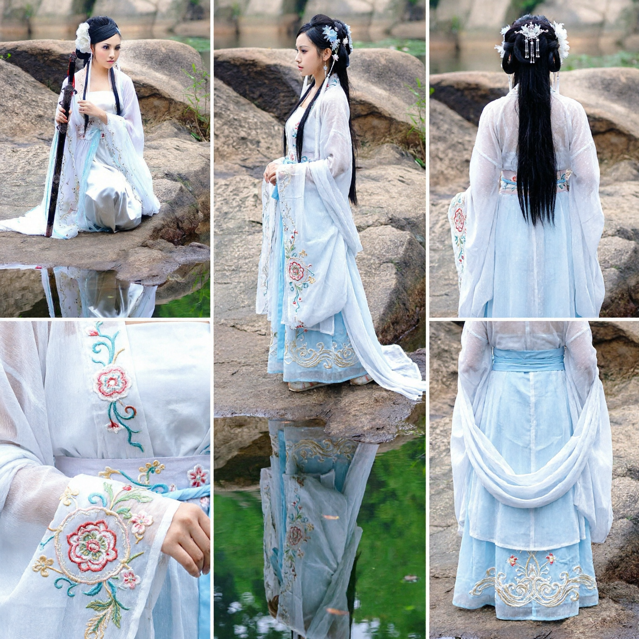 Costume da Spadaccina Hanfu Bianco Elegante Abito Antico Tradizionale Cinese per Donna per Cosplay, Spettacoli e Fotografia - Asian Costume