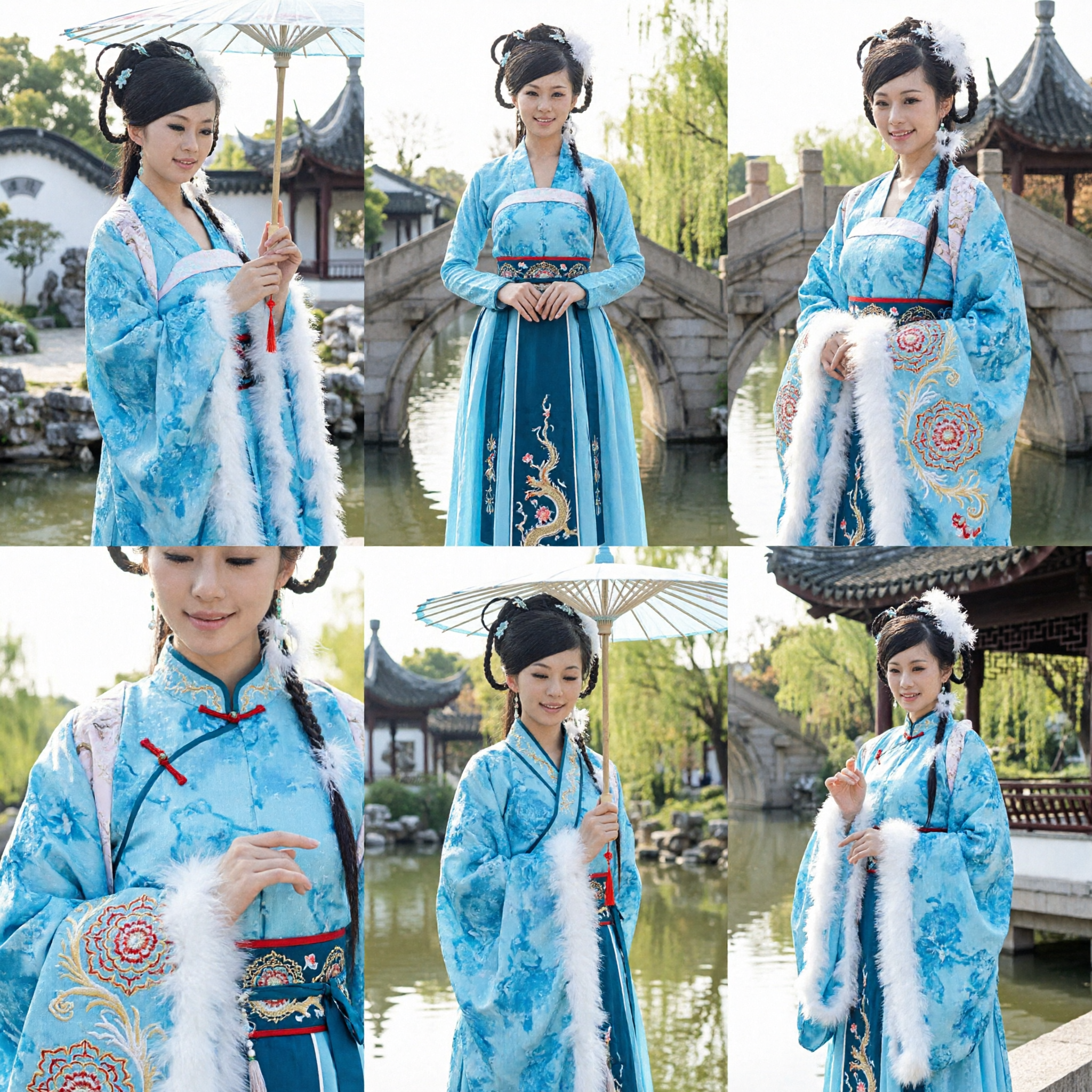 Elegantes blaues chinesisches Hanfu-Gewand mit weißem Pelzbesatz, traditionelles antikes Kostüm für Damen, Winter-Cosplay - Asian Costume