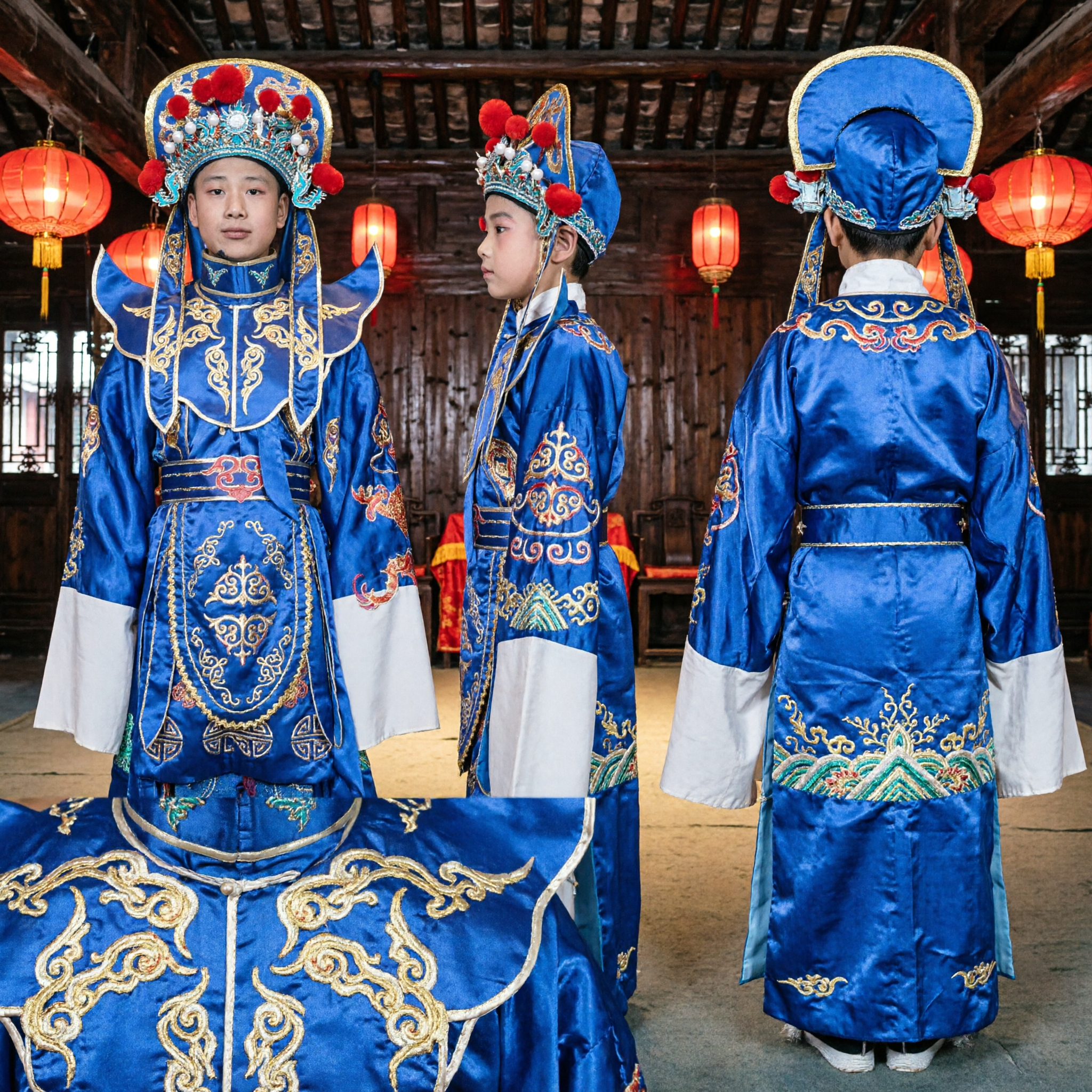 Traditionele Chinese Blauwe Generaal Kostuum voor Mannen Peking Opera Krijger Outfit met Hoofddeksel voor Podiumoptreden - Asian Costume
