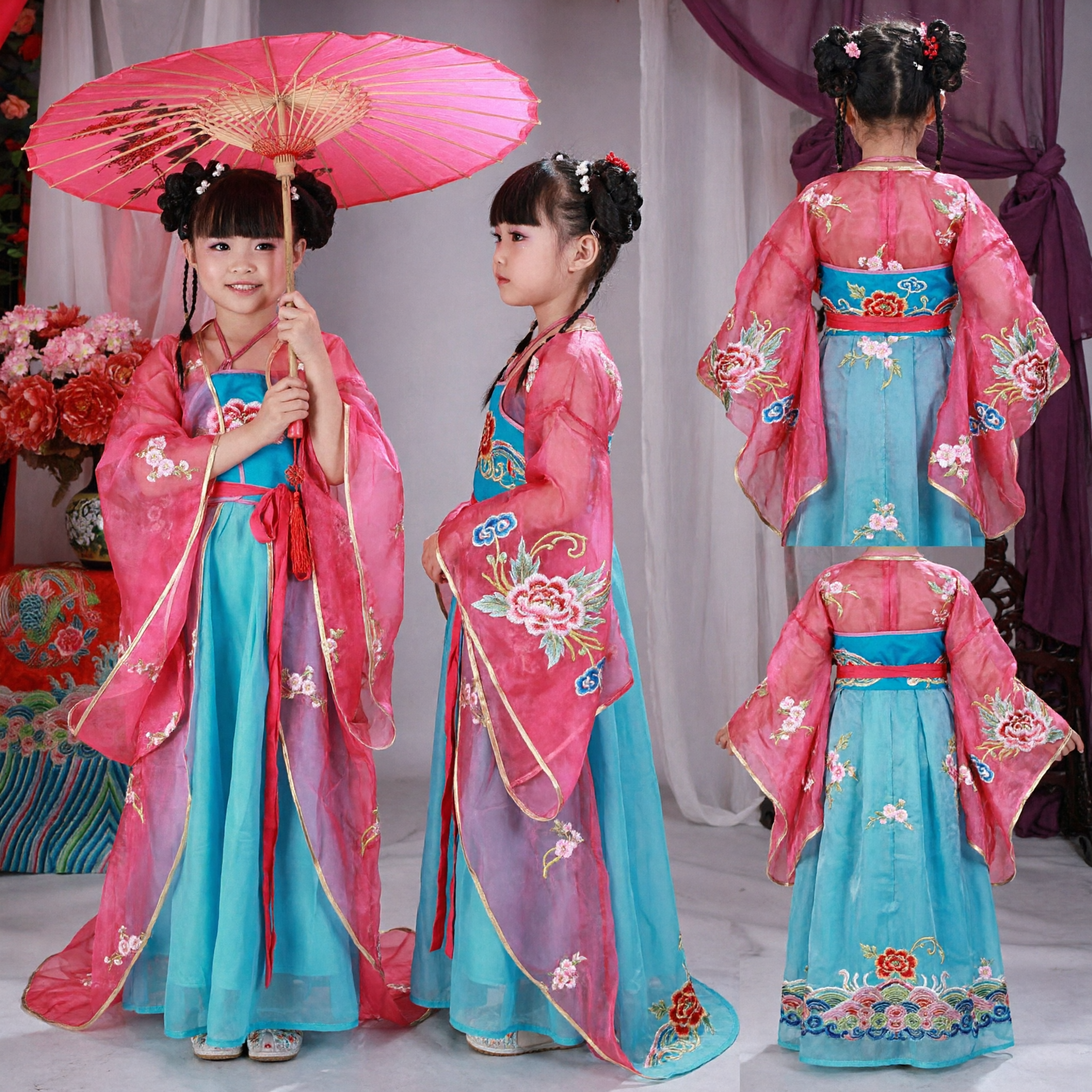 어린이 중국 전통 한푸 의상 여아용 고대 궁전 공주 드레스 공연 및 파티용 - Asian Costume