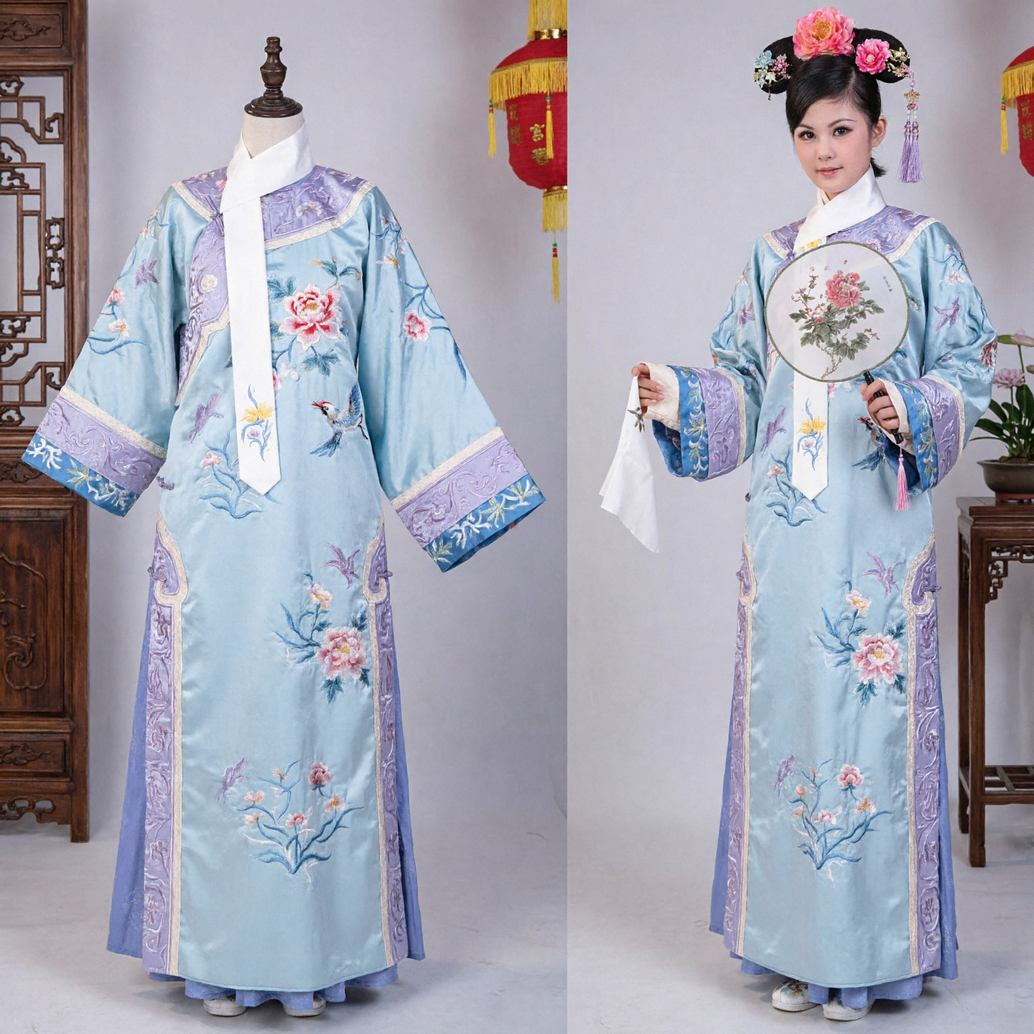 Traditionele Chinese Qing-dynastie Paleisdame Kostuum Blauw Geborduurde Gewaad met Hoofddeksel voor Podiumoptreden - Asian Costume