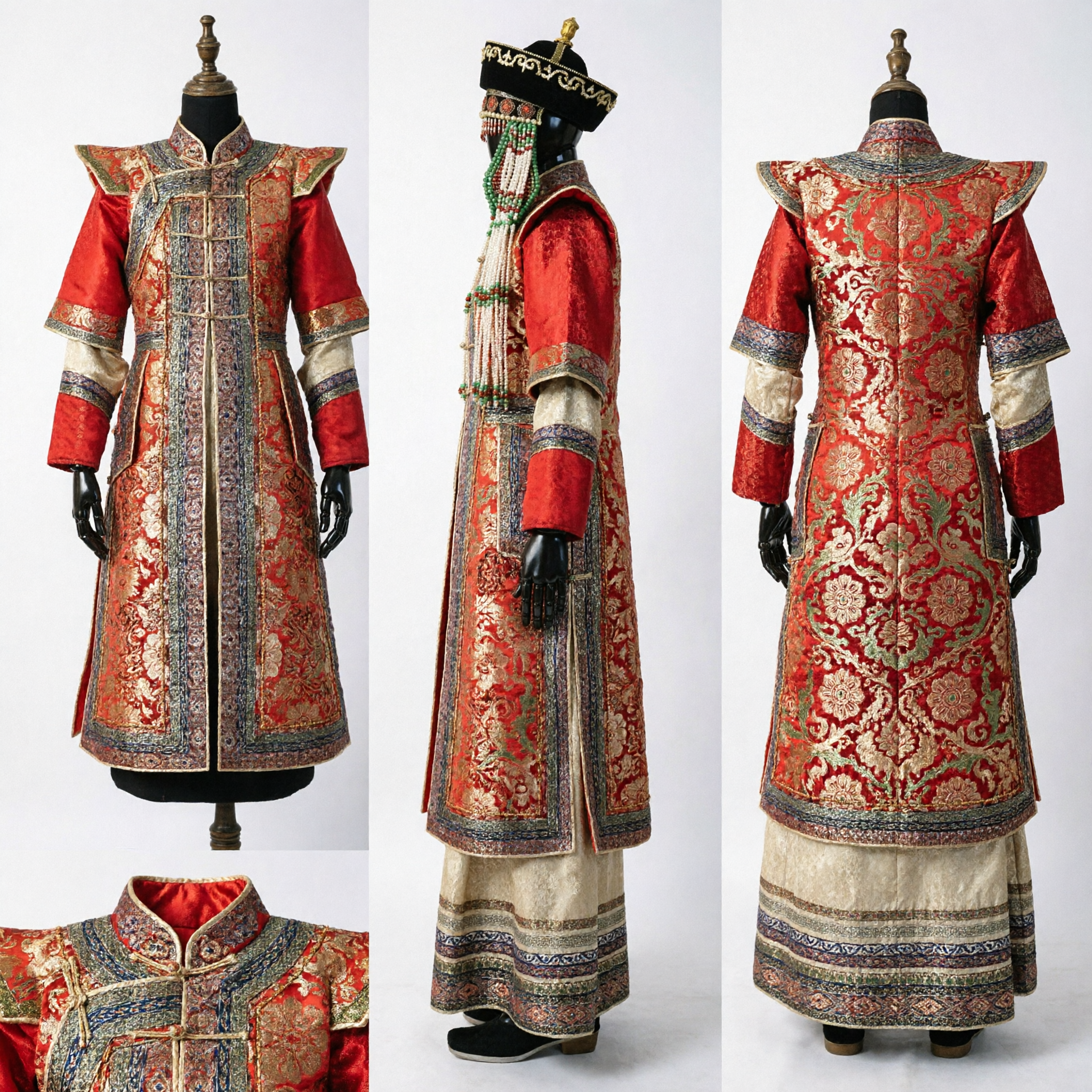 Tradycyjny Mongalski Strój Ślubny dla Kobiet Czerwona Haftowana Szata z Koralikowym Nakryciem Głowy Suknia Ceremonialna Mniejszości Etnicznej - Asian Costume