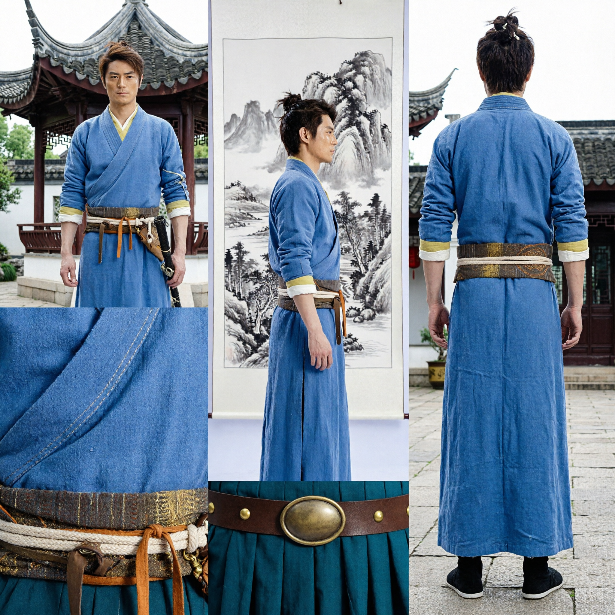 Mannen Oude Chinese Wuxia Zwaardvechter Hanfu Kostuum Blauw Martial Arts Gewaad voor Cosplay en Podiumoptreden - Asian Costume