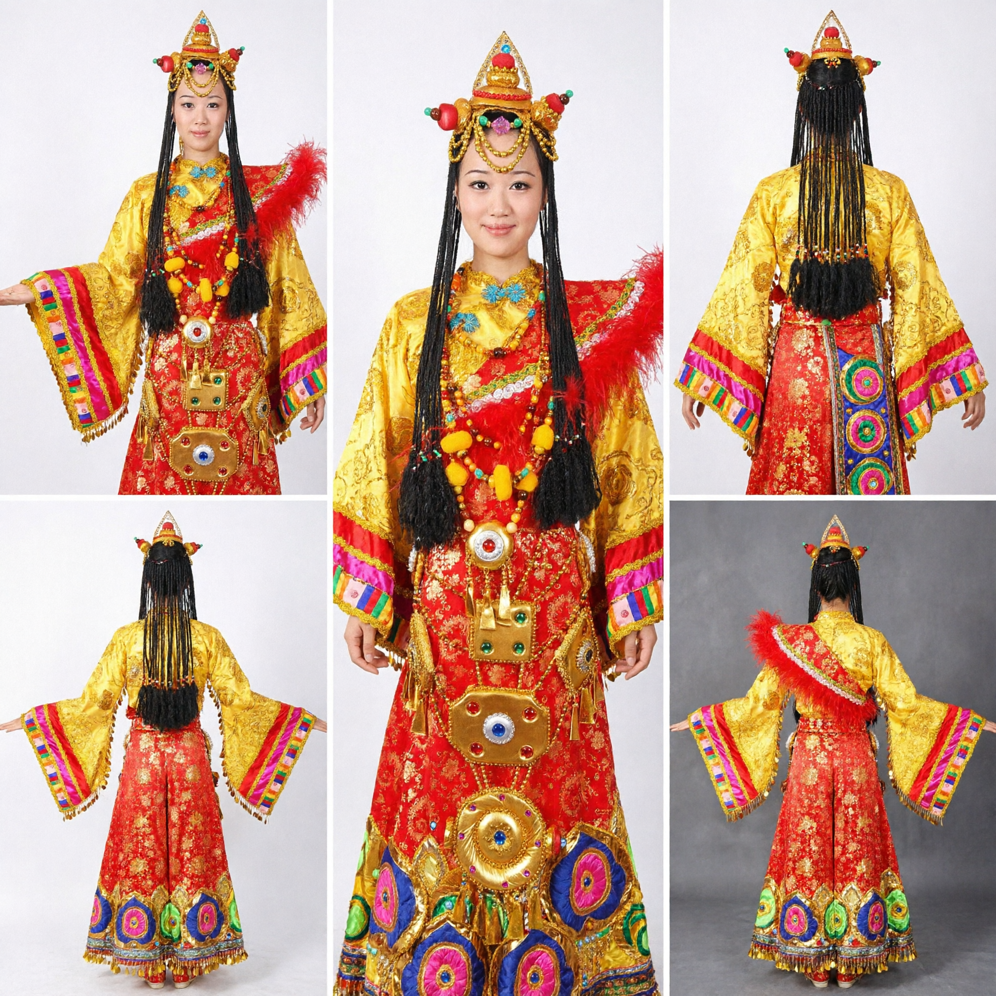 Traditionelles tibetisches ethnisches Volkstanzkostüm für Damen, komplettes Set mit Kopfschmuck und Schmuck für Bühnenauftritte - Asian Costume