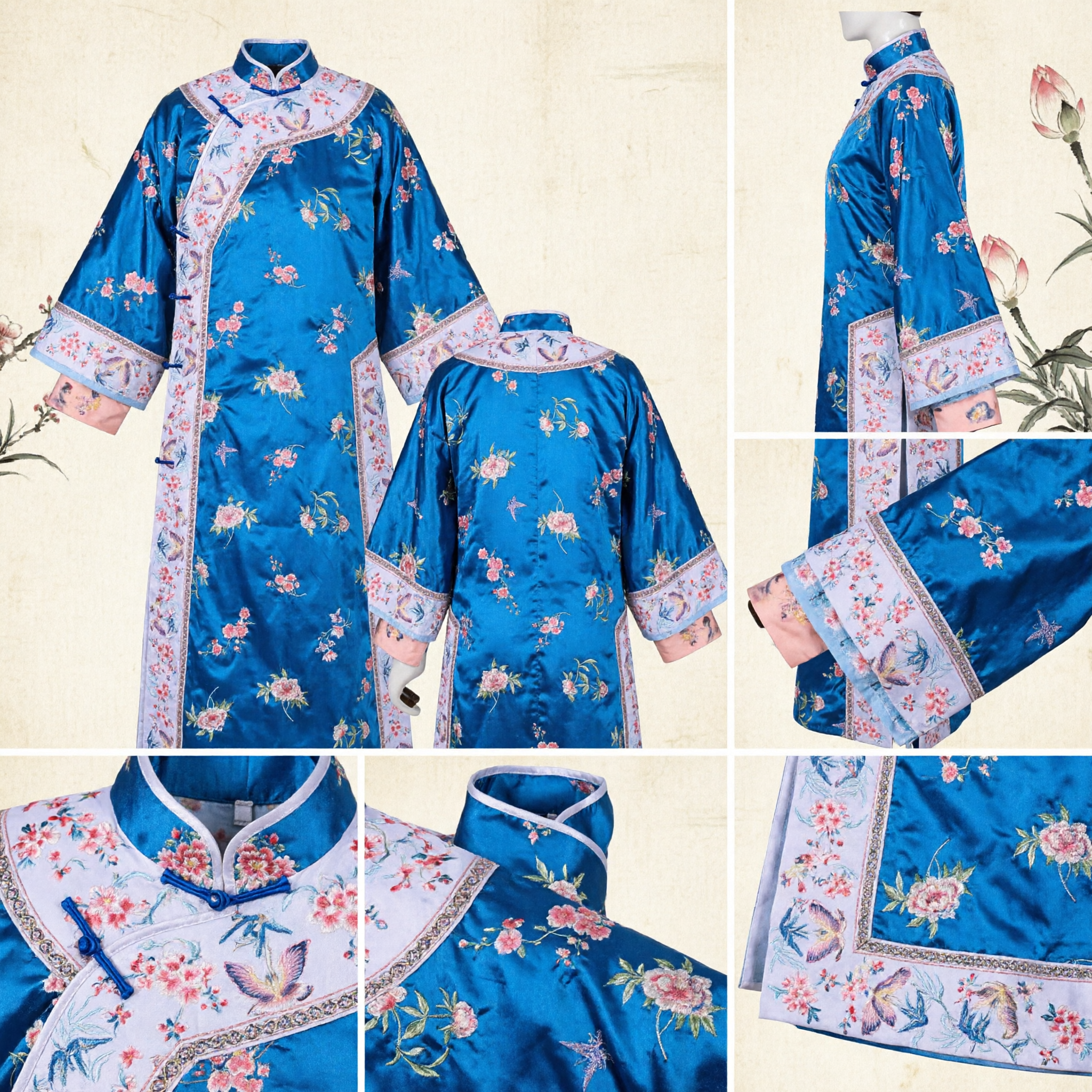 Túnica Changshan de Seda Azul Tradicional Bordado Floral con Cuello Mandarín para Eventos Culturales y Actuaciones - Asian Costume