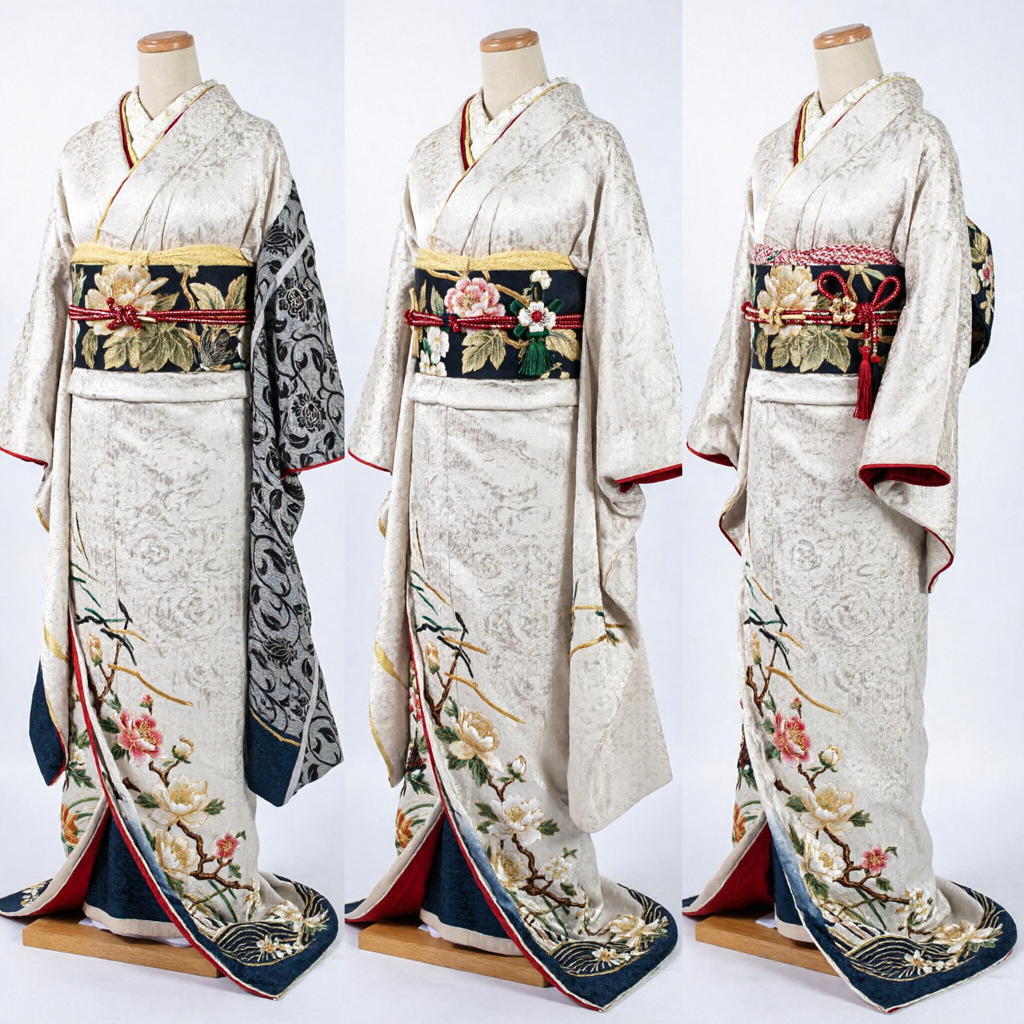 Elegante Kimono Giapponese Tradizionale Argento con Broccato Floreale Nero, Costumo Formale per Donne da Spettacolo - Asian Costume