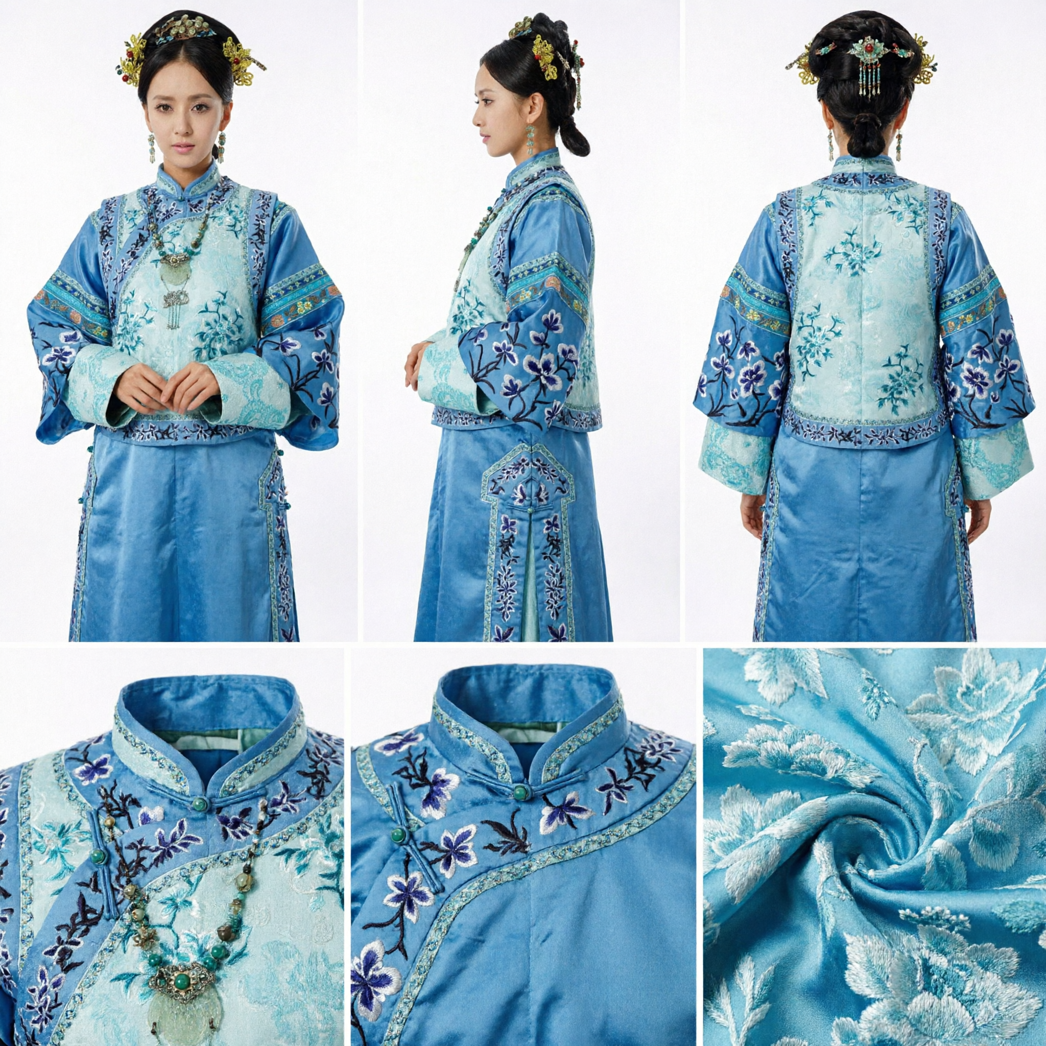 Traditioneel Chinees Qing-dynastie Blauw Bloemen Geborduurd Qizhuang Gewaad Kostuum voor Vrouwen Podiumoptreden - Asian Costume