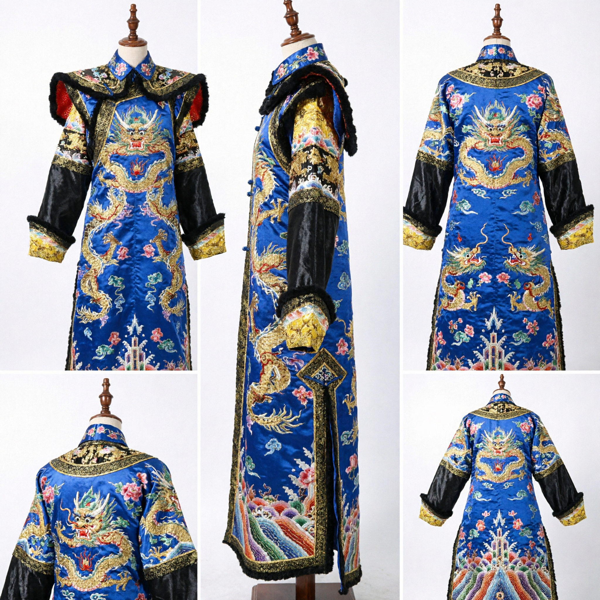 왕실 청색 청나라 자수 용 로브 전통 중국 황제 의상 남성 스테이지 공연복 - Asian Costume