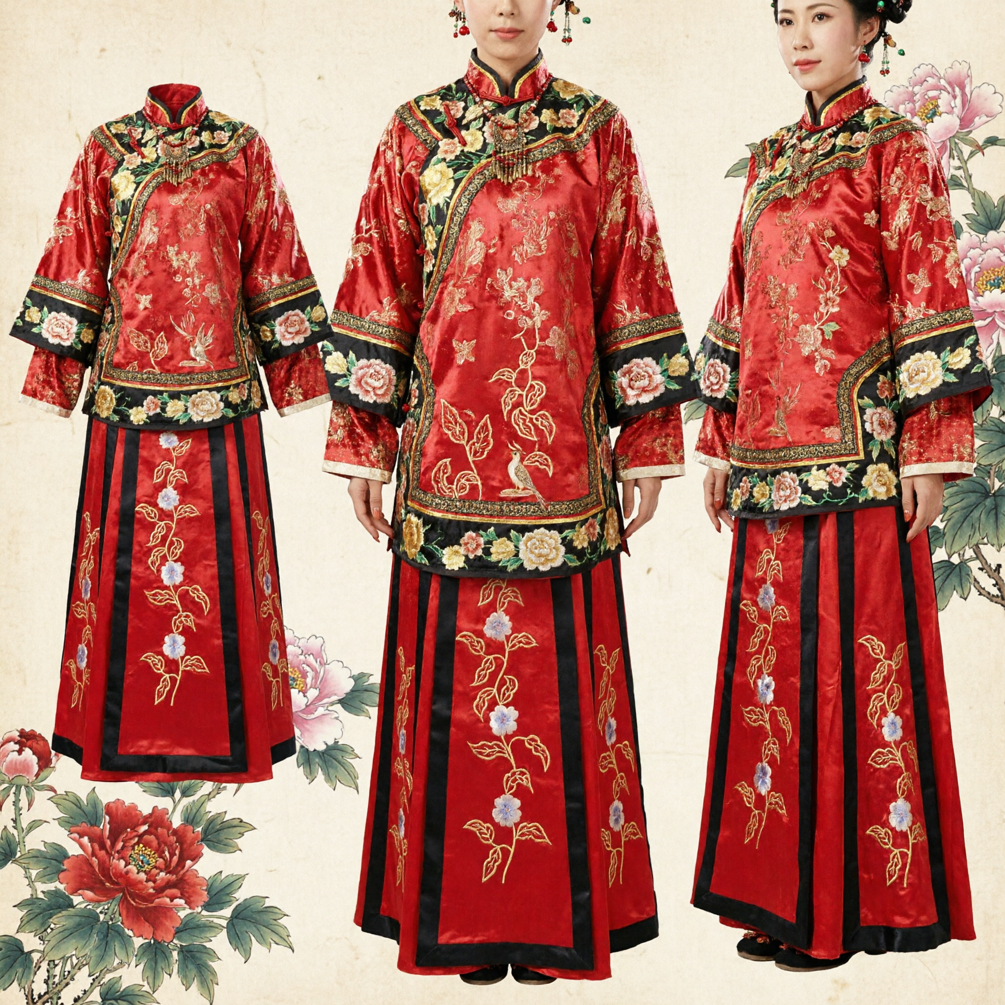 Traditioneel Chinees Qing-dynastie Rood Manchu Prinses Kostuum Geborduurd Gewaad en Rok Set voor Vrouwen Cultureel Optreden - Asian Costume