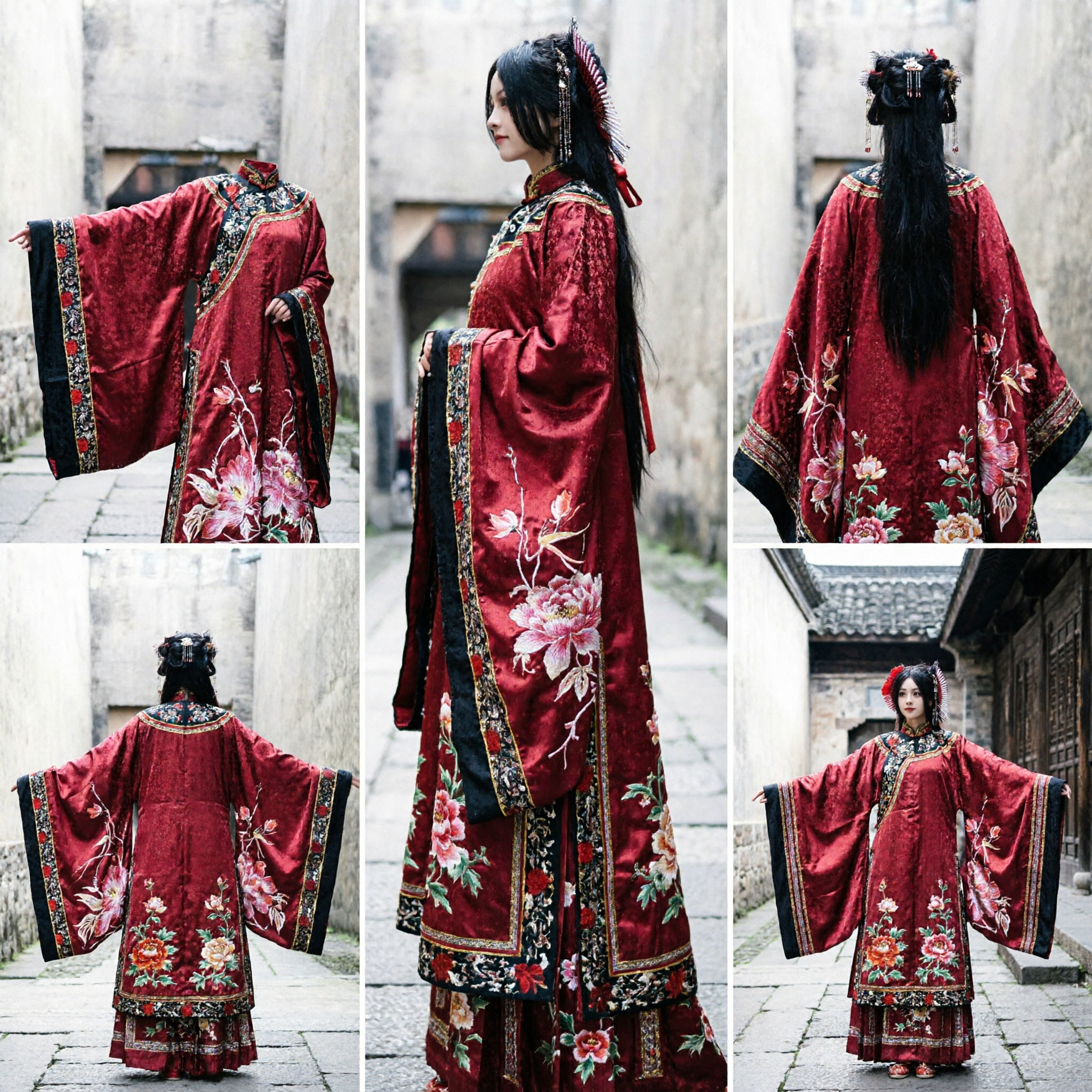 Traditioneel Chinees Hanfu Rood Antiek Kostuum Bloemen Borduurwerk Wijde Mouw Jurk voor Vrouwen Dans Cosplay - Asian Costume