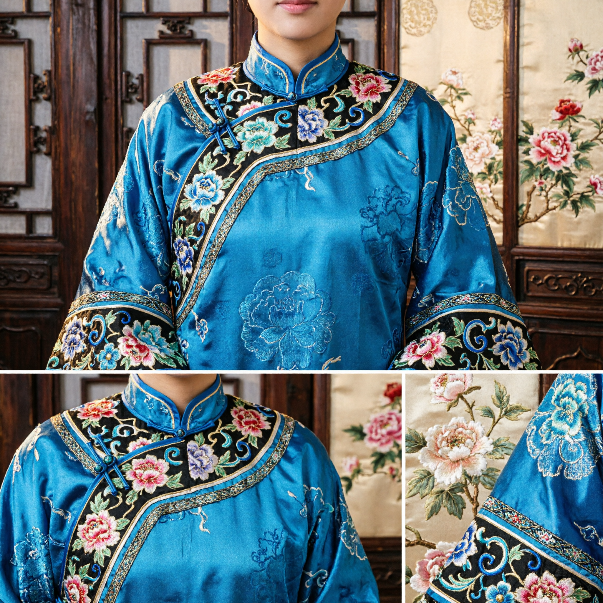 Ensemble d'accessoires capillaires traditionnels de la dynastie Qing chinoise, coiffe ancienne du palais mandchoue, épingles florales bleues pour cosplay féminin - Asian Costume