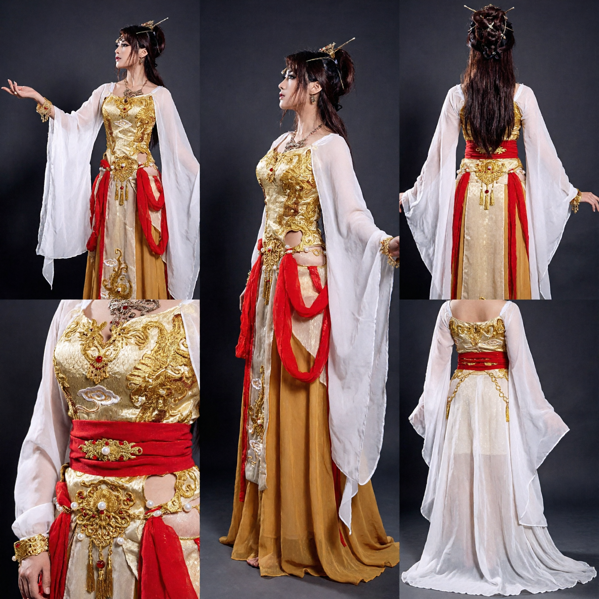 고대 중국 여신 의상 선협 요정 드레스 (금색 보디스) 무대 공연 및 코스프레용 - Asian Costume