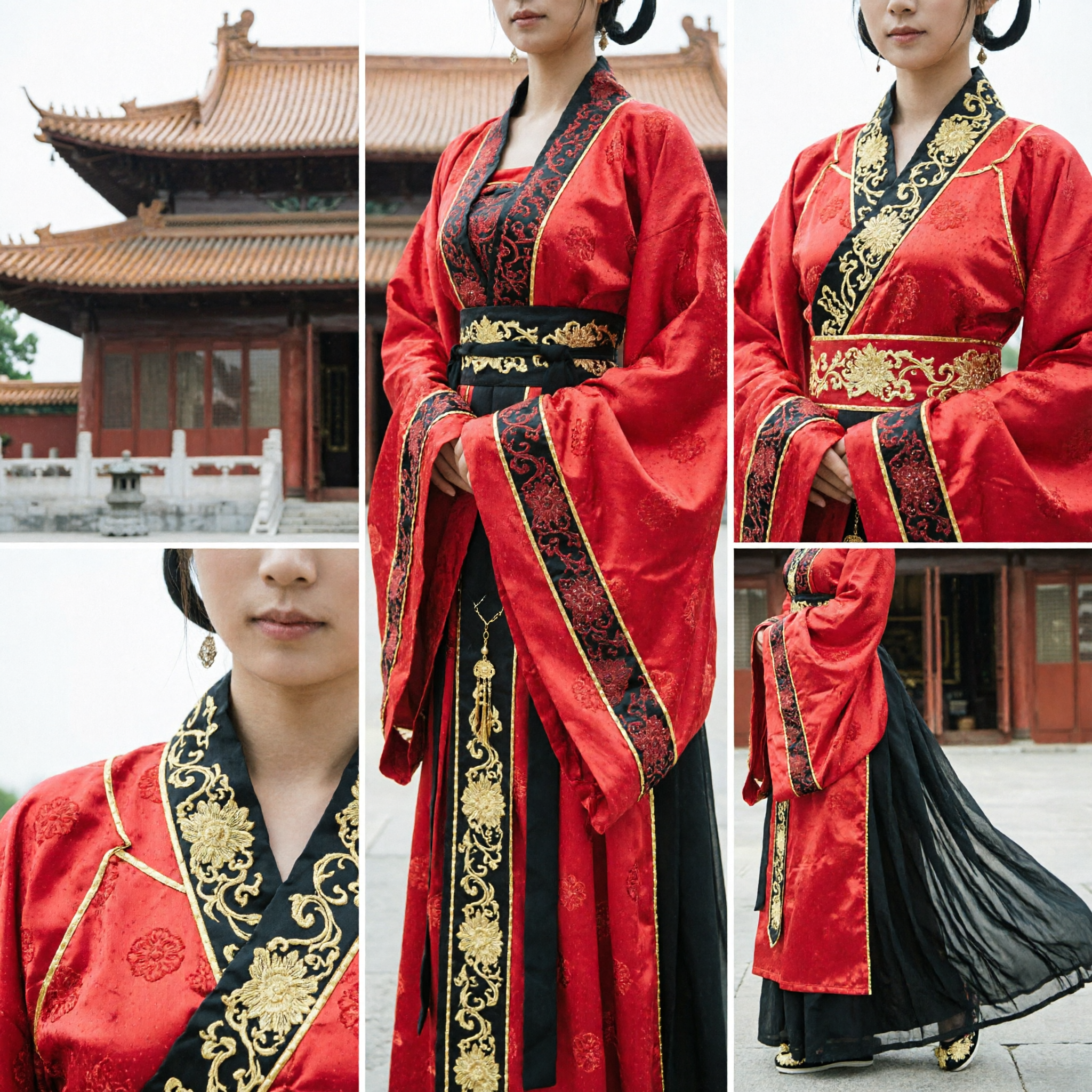 Costume ancien Hanfu traditionnel chinois élégant pour femmes en rouge avec jupe à rayures pour photographie et performance - Asian Costume