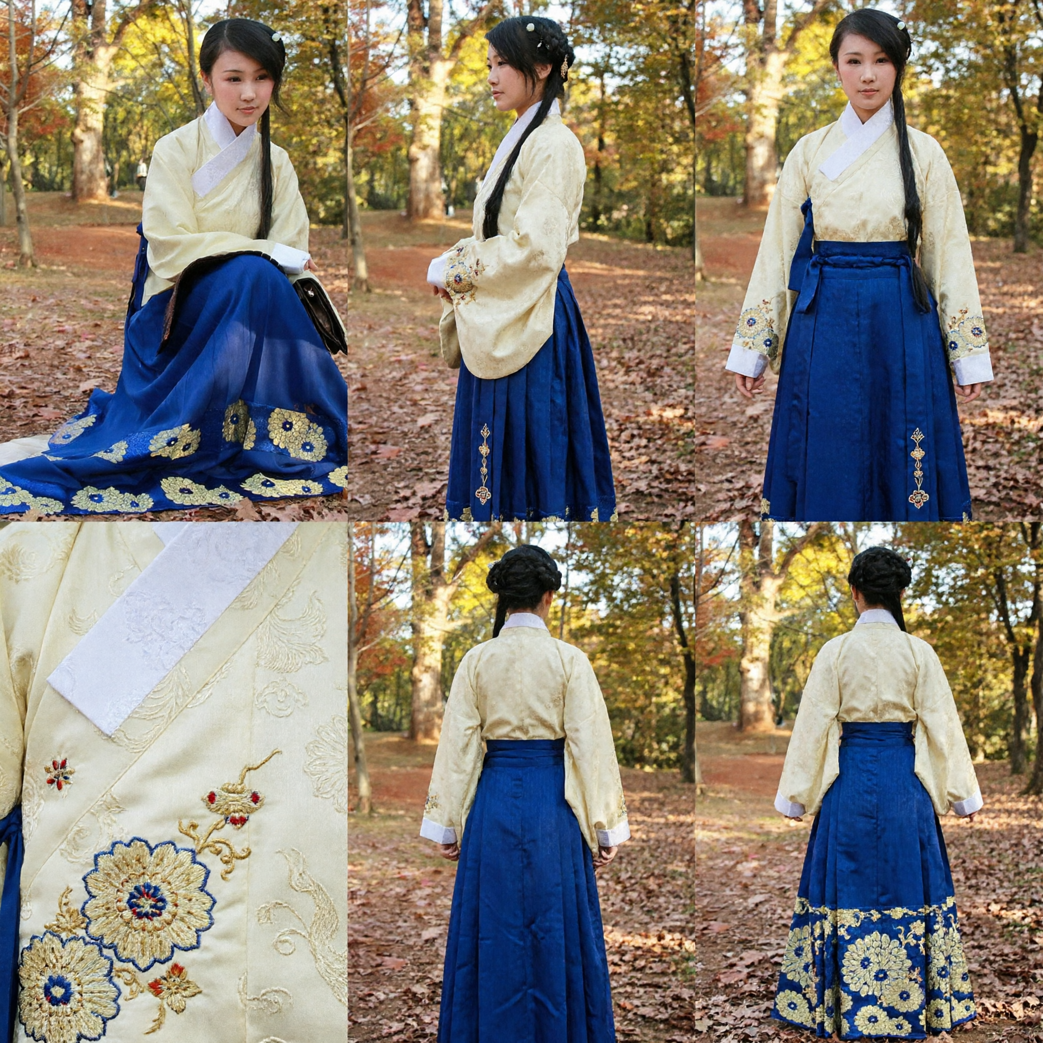 Elegant Traditioneel Chinees Hanfu Kostuum Crème Top Blauw Geborduurde Rok Oude Jurk voor Dames Fotografie - Asian Costume