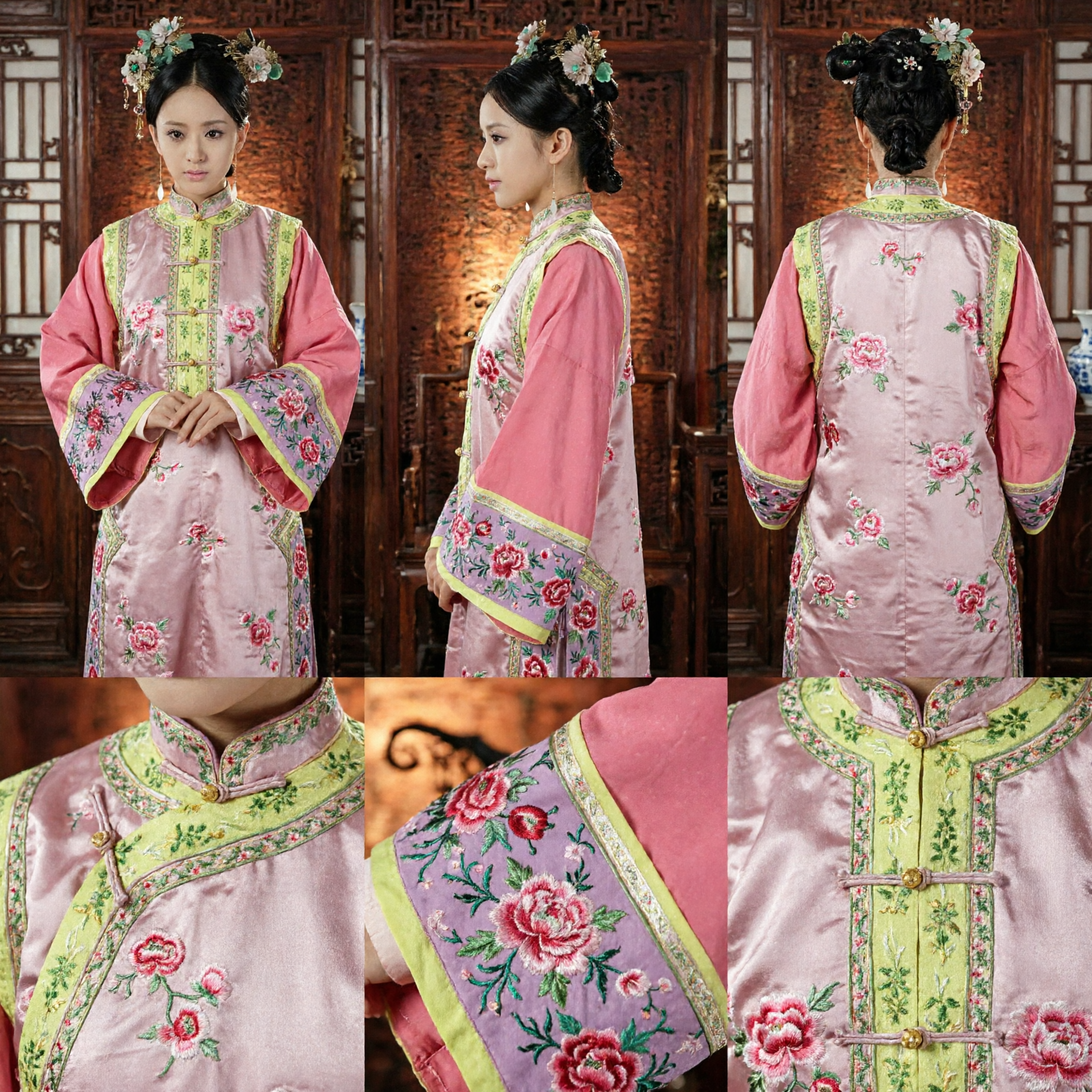 Traditionelles chinesisches Qing-Dynastie-Palastdame-Kostüm, rosa besticktes Manchu-Prinzessinnen-Kleid für Cosplay-Aufführung - Asian Costume