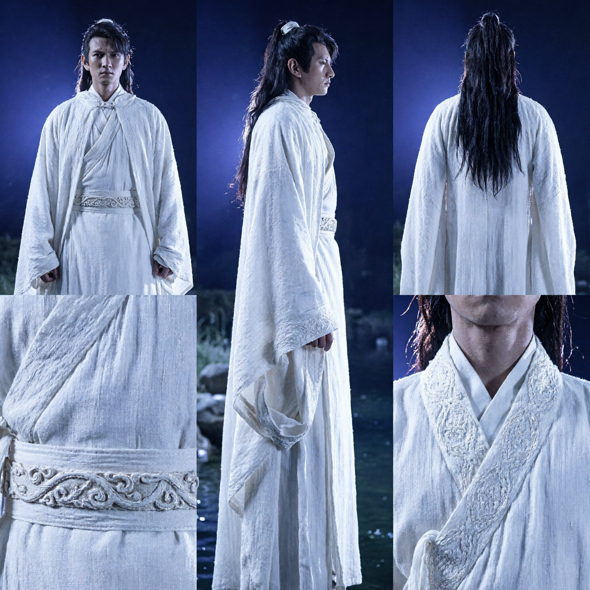 Costume Tradizionale Cinese Hanfu Bianco per Uomini, Outfit per Cosplay da Spadaccino Wuxia per Spettacoli di Dramma Storico - Asian Costume