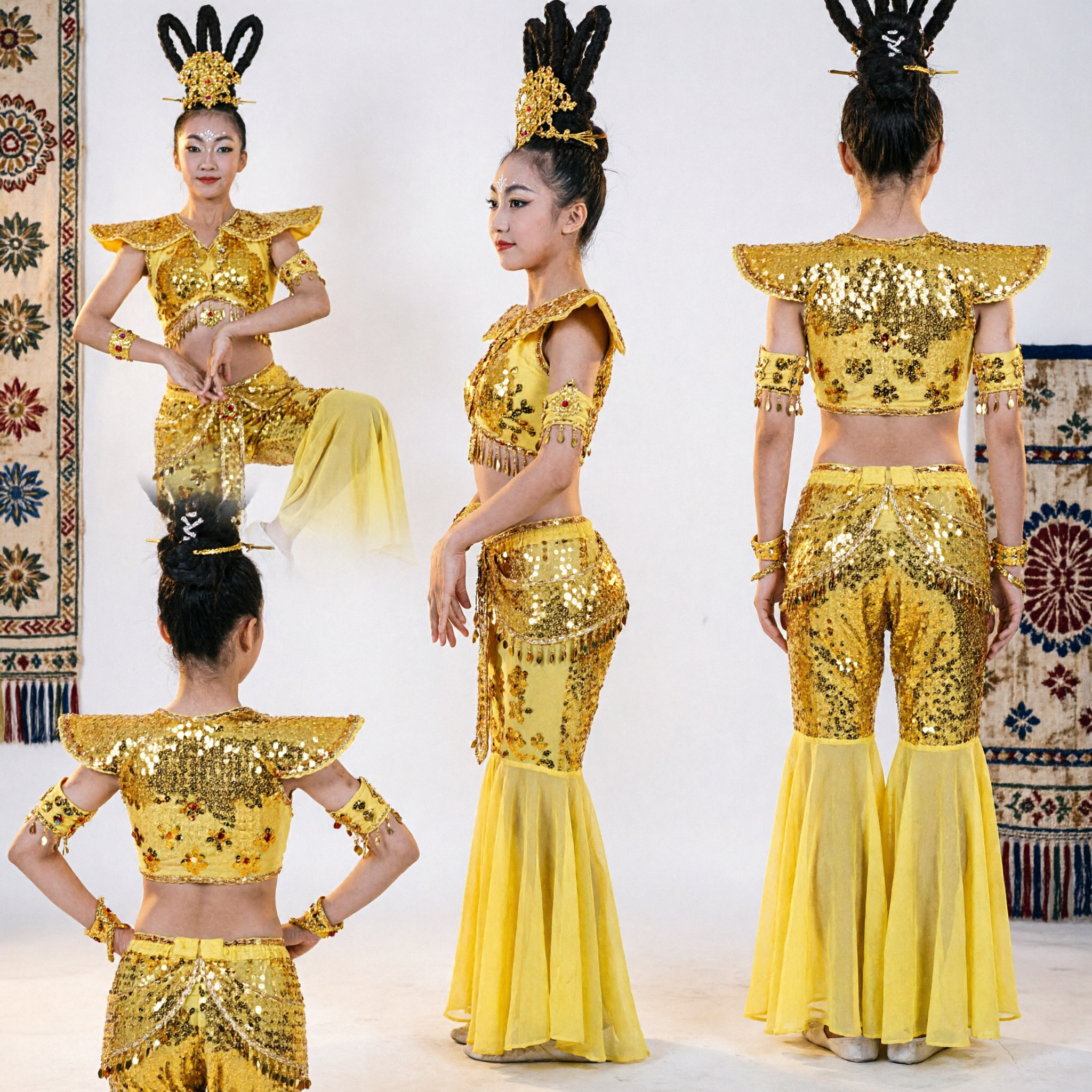 Ensemble de costume de danse folklorique chinoise traditionnelle jaune pour femmes avec haut à paillettes et coiffe pour spectacle sur scène - Asian Costume