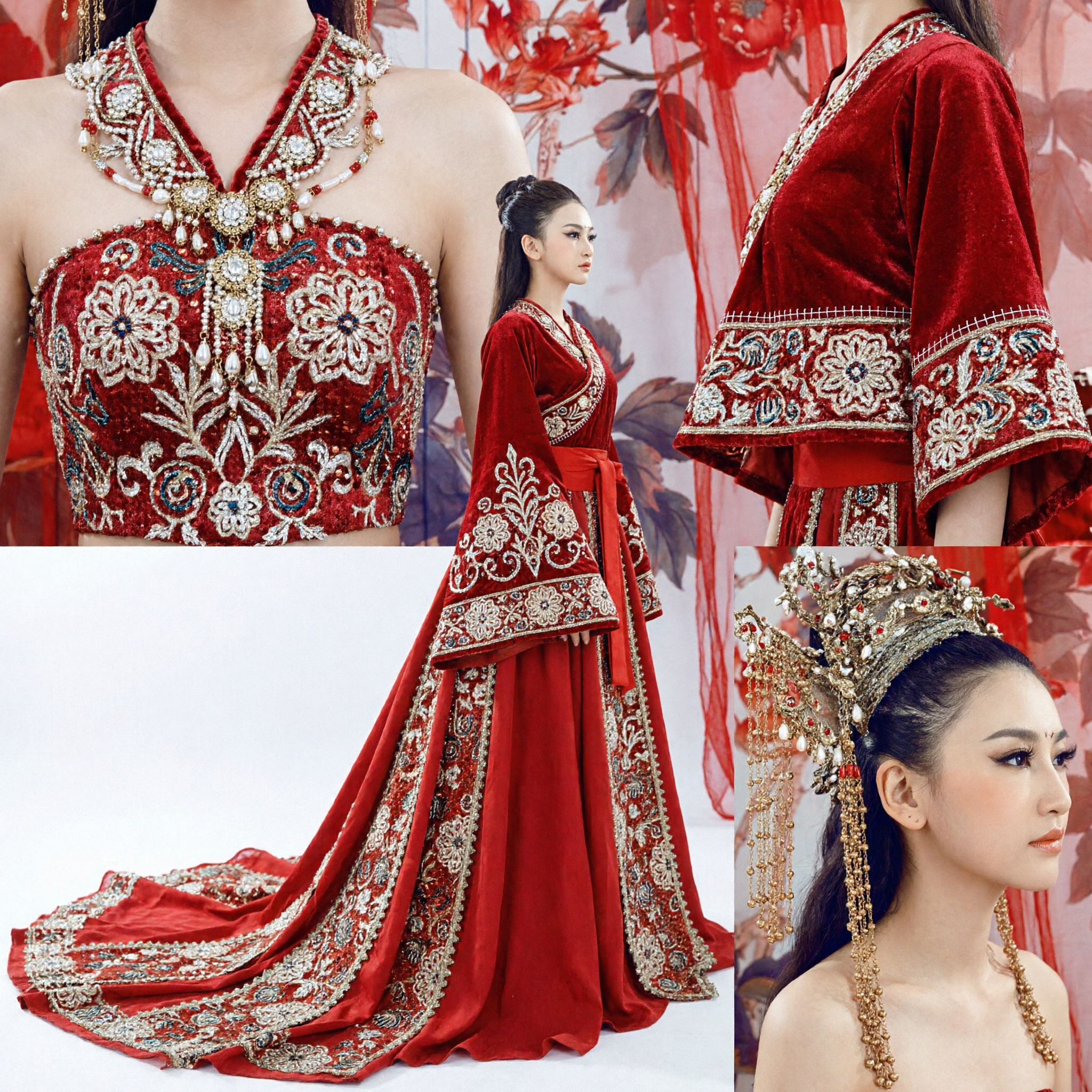 Elegant Rood Chinees Trouwjurk met Ingewikkeld Goud Borduurwerk en Feniks Kroon voor Traditionele Ceremonie - Asian Costume