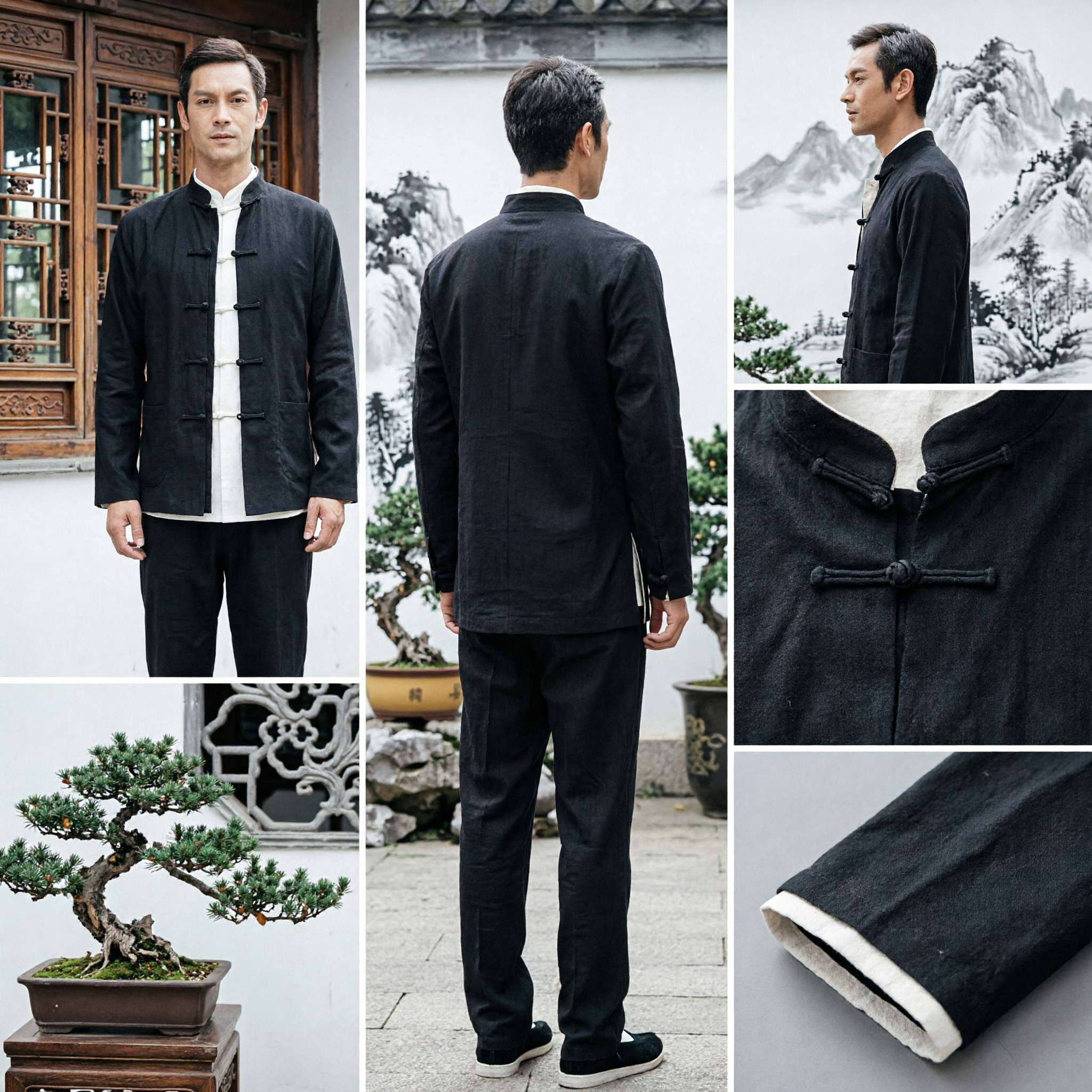 남성용 전통 중국 당복 리넨 쿵푸 태극권 상의와 바지 민족 의상 세트 - Asian Costume