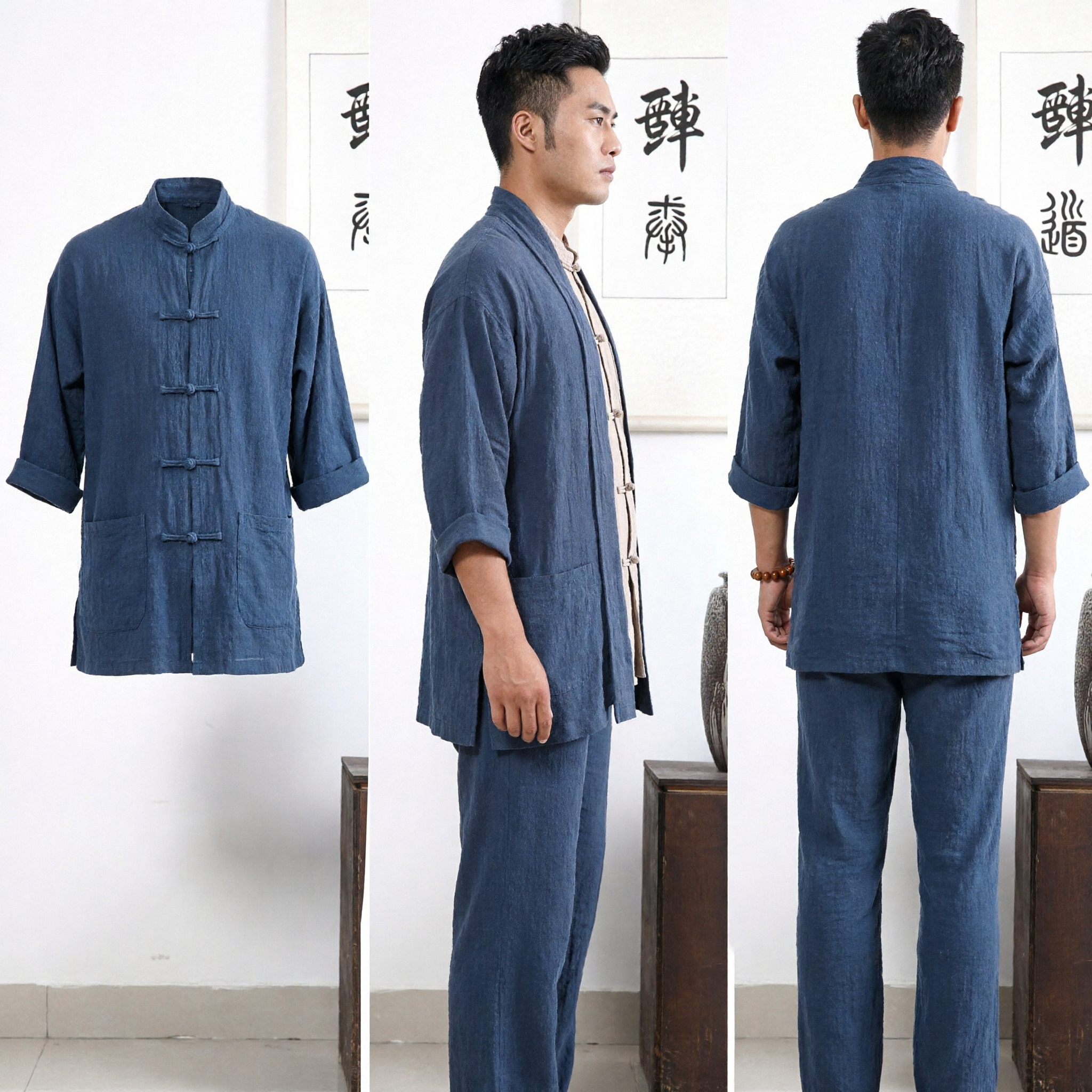 Conjunto de Traje Tradicional Chino de Lino Tang para Hombres, Bata de Monje Zen para Meditación, Ceremonia del Té y Uso Diario - Asian Costume