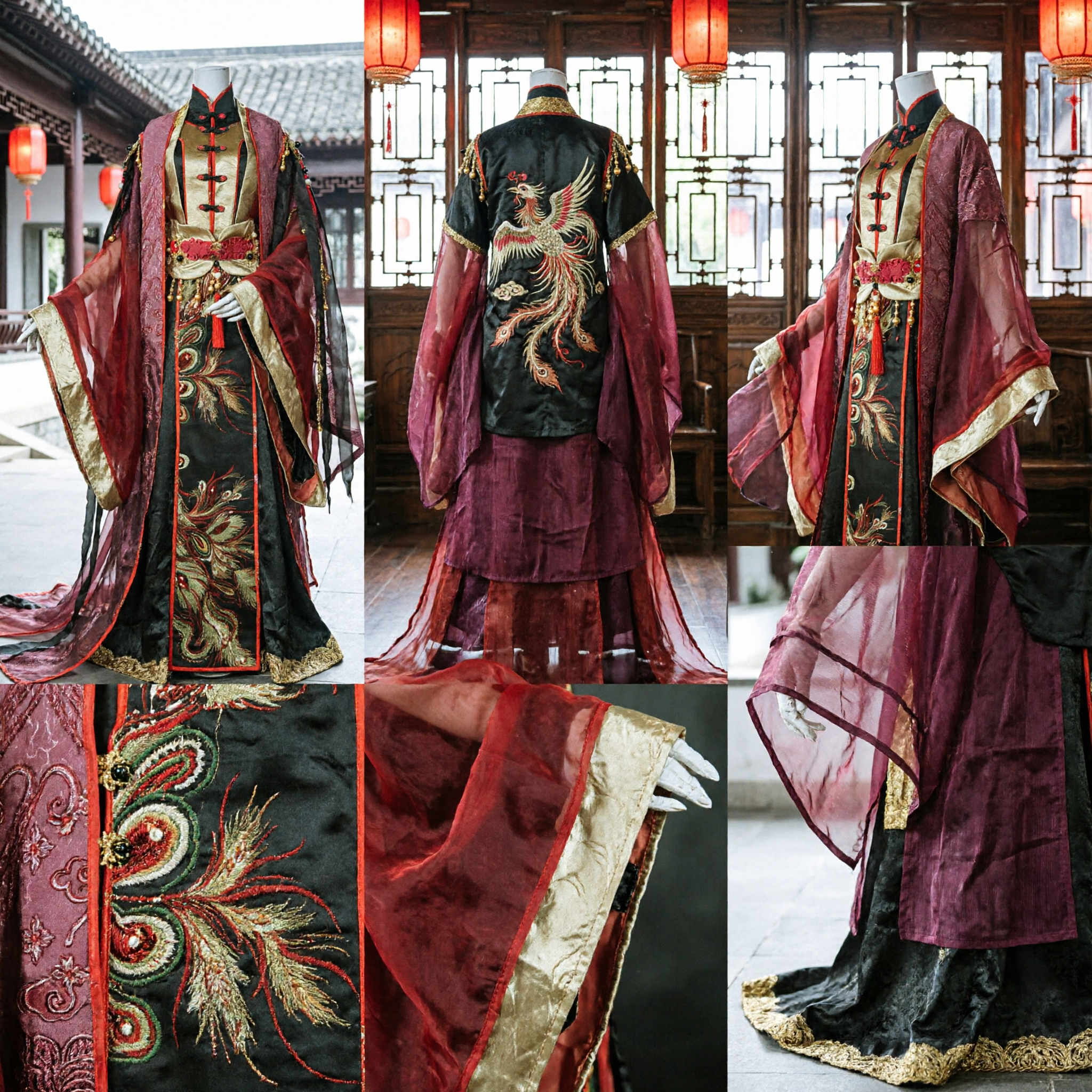 Traditioneel Chinees Hanfu Oude Adellijke Dame Kostuum Rood Zwart Goud Geborduurd Gewaad voor Cosplay - Asian Costume