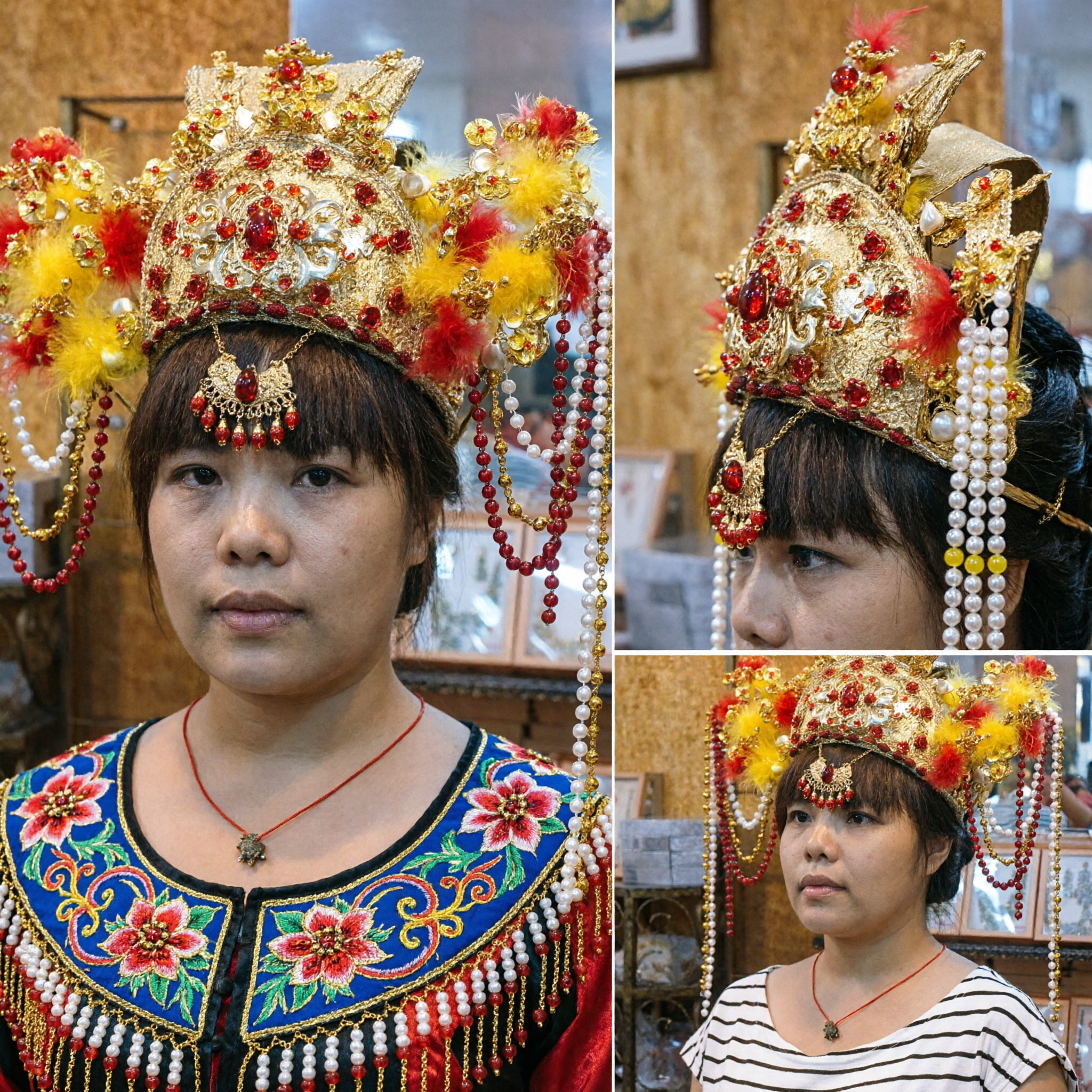 Traditionelle chinesische Phönix-Krone Kopfschmuck Aufwendiges Gold Hochzeits-Braut-Haarteil Peking-Oper Kostüm Zubehör - Asian Costume