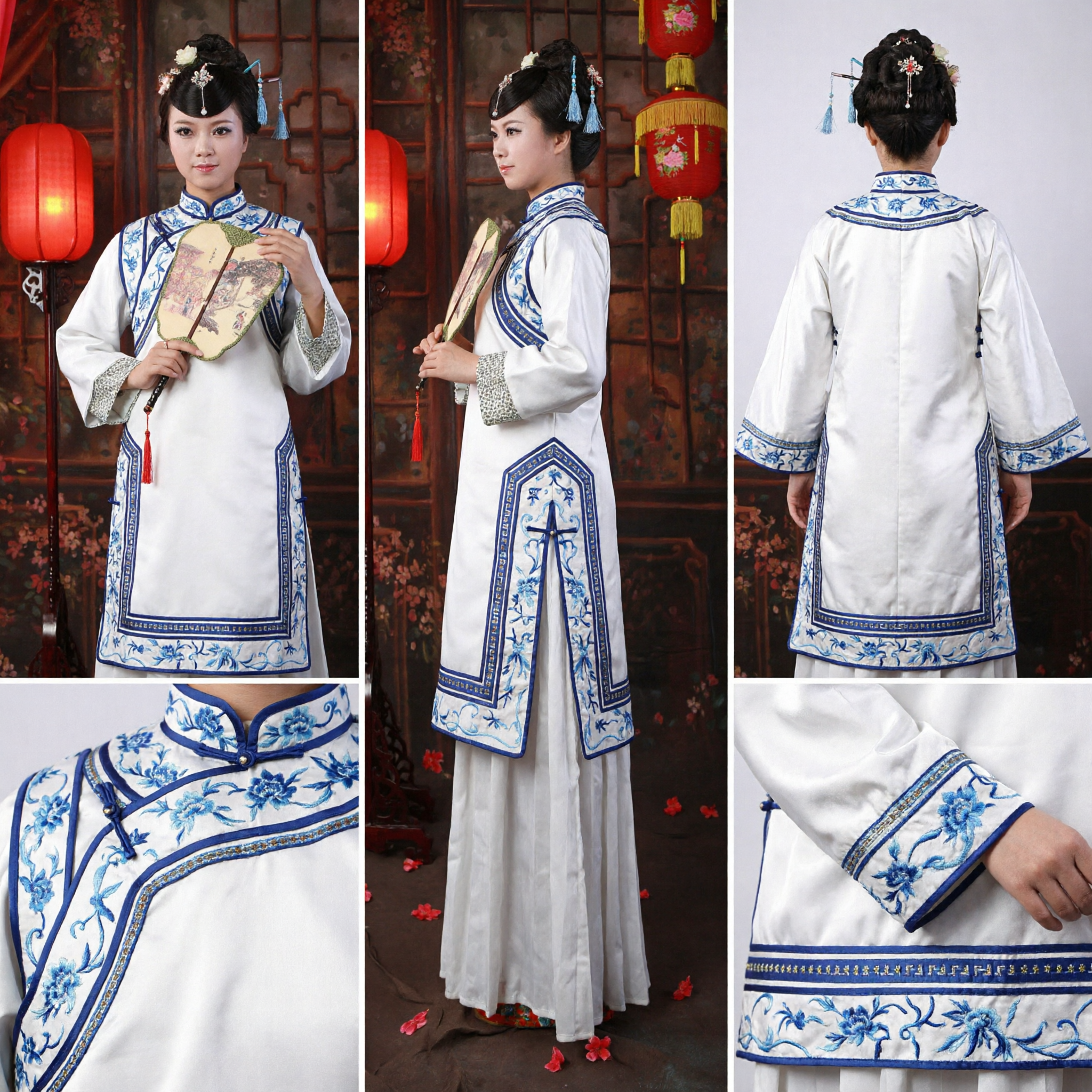 Traditionelles chinesisches Qing-Dynastie Weiß besticktes Kleid Antikes Adelsdamen-Kostüm für Frauen Auftritt - Asian Costume