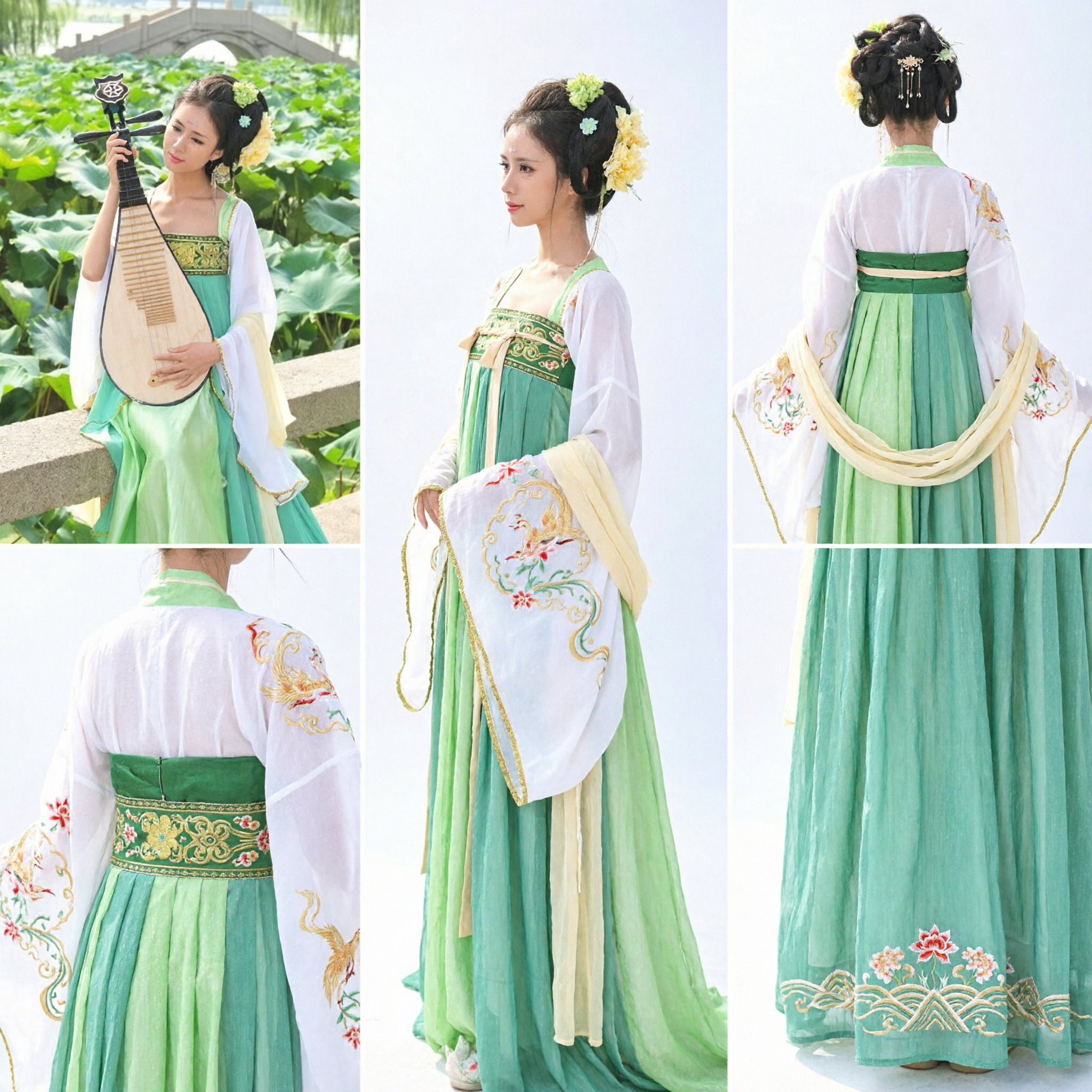 Elegante Hanfu Verde da Dinastia Tang, Vestido Tradicional Chinês Ruqun para Mulheres, Traje para Performance de Música com Pipa - Asian Costume