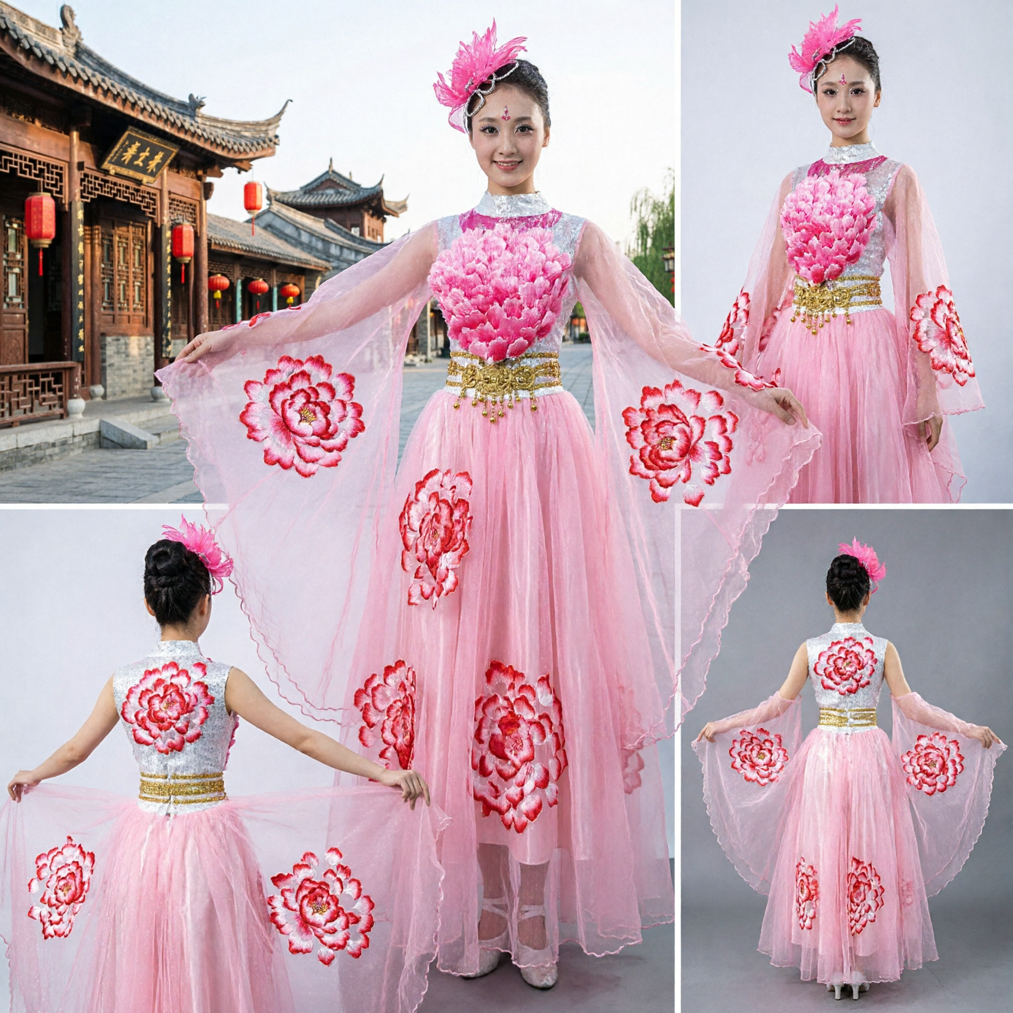 Roze Chinese waaiers dans kostuum vrouwen podiumoptreden jurk met grote bloemvleugels volksdans uniform - Asian Costume